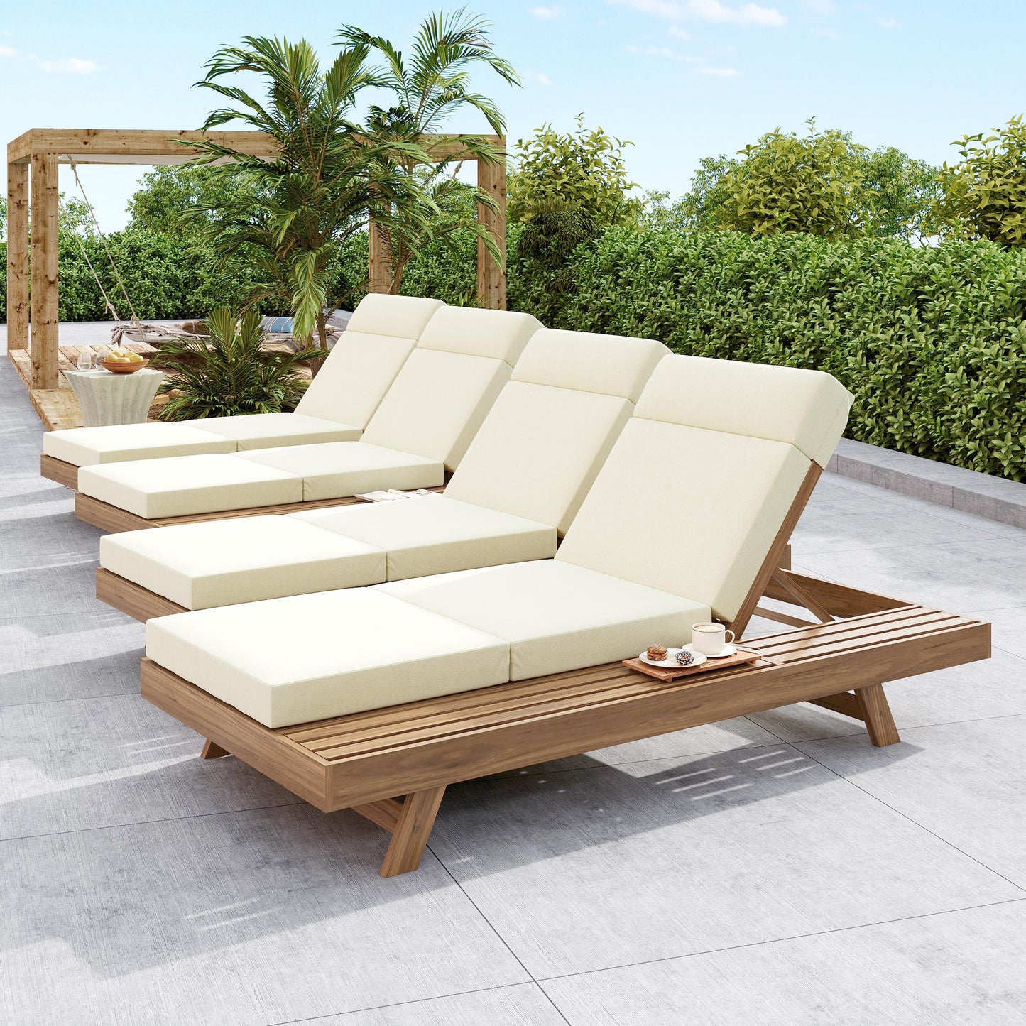 Lounge Chaise Set With Headrest, Space Available On One Side, Acacia Wood In light brown With Water-Resistant Lounge Cushions (Beige & 3-Fold & 4 Inch) – Matching Dark Grey/Cream Version Available