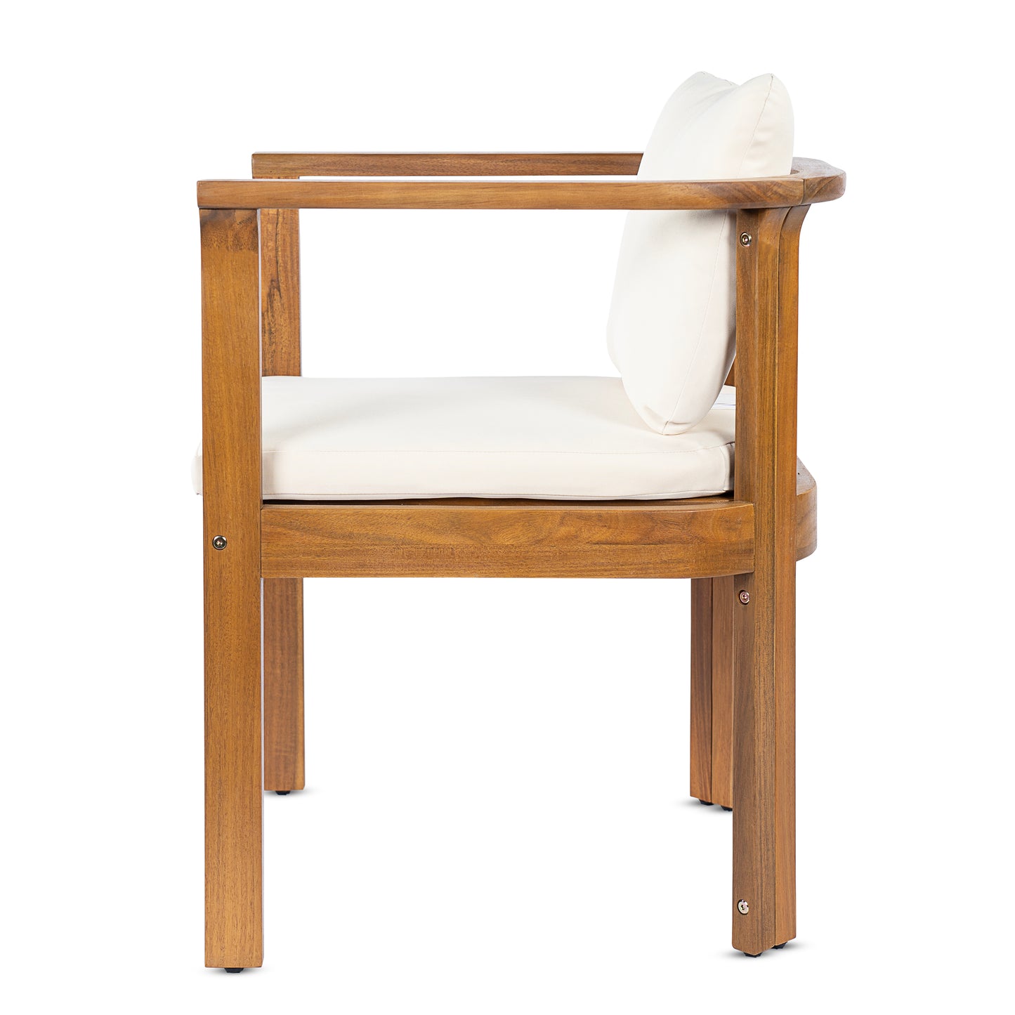 Outdoor Dining Chair Set of 2 with Curved Acacia Wood Arms, Teak Finish and Cream Cushions