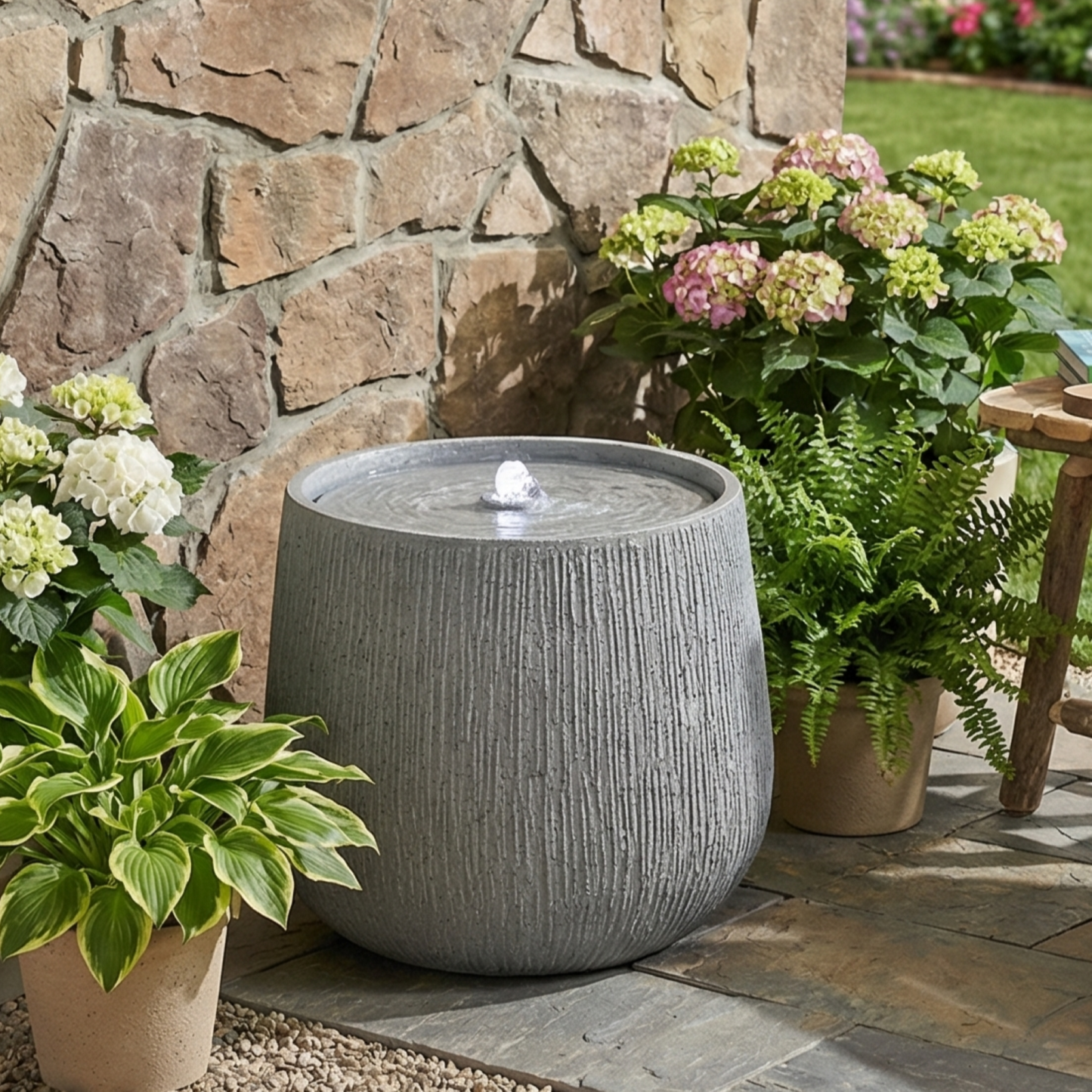 12.99"H Gray Polyresin Outdoor Water Fountain, Bowl-Shaped Water Feature with LED Light for Patio Deck Yard Decor