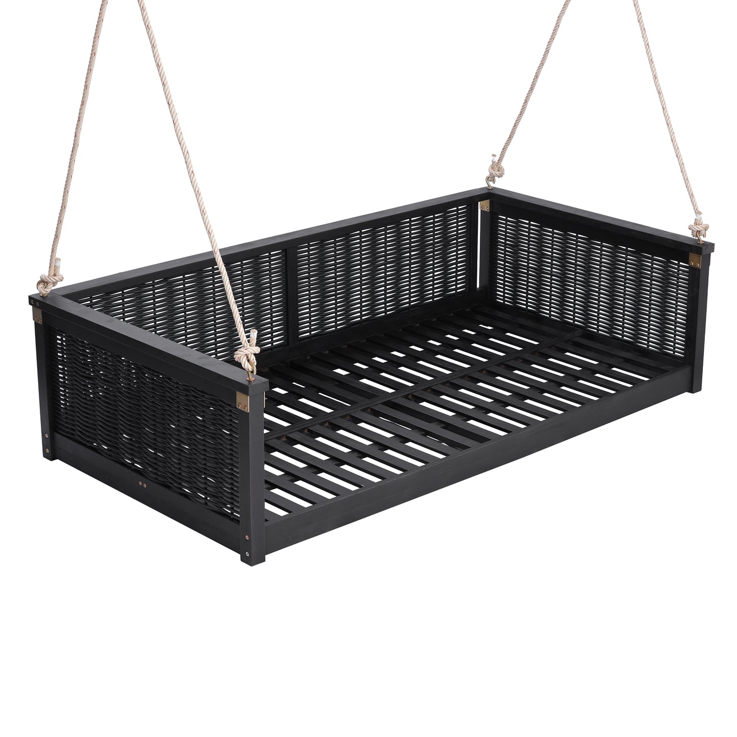 TOPMAX Outdoor Classic Solid Wood Twin Size Swing Bed,Garden Porch Rattan Swing Frame with Long Ropes for Poolside, Backyard, BLACK