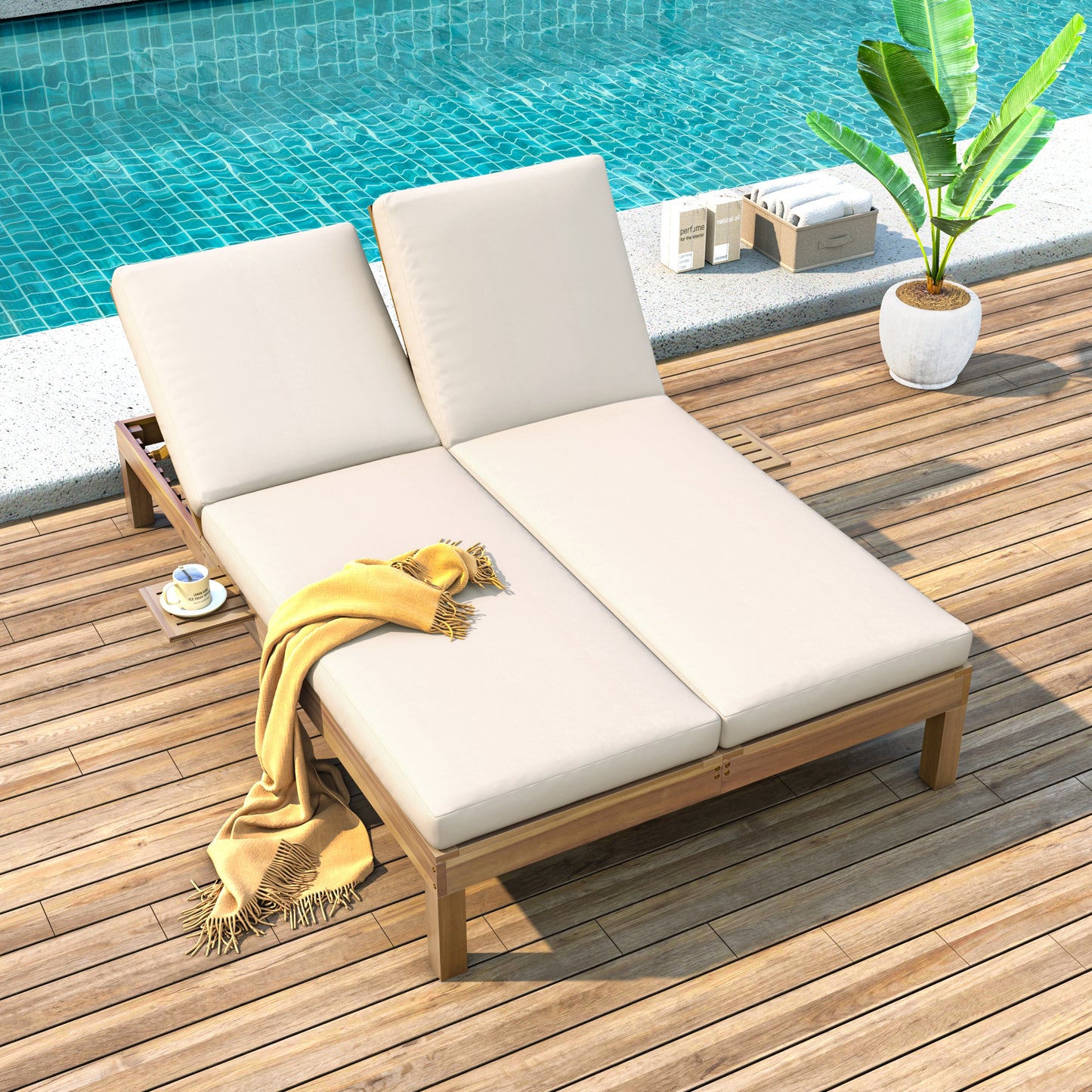 TREXM 5-Position Adjustable Backrest Double Chaise Lounge Outdoor, Outdoor Chaise Lounge with Cushion and Folding Side Trays for 2 People, Patio Double Chaise Lounge for Poolside Garden, Light Teak