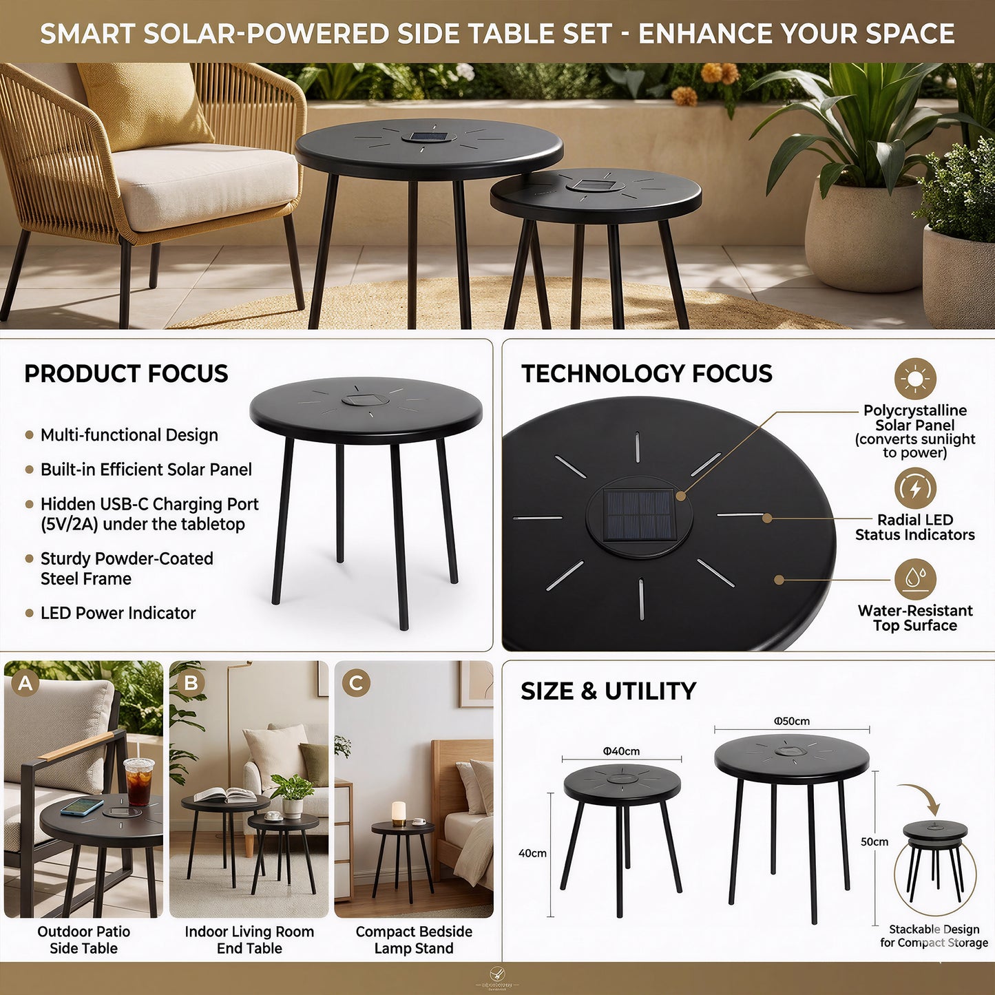 2-Pack Solar Powered Side Table with LED Light, Outdoor/Indoor Nesting Round End Table Set