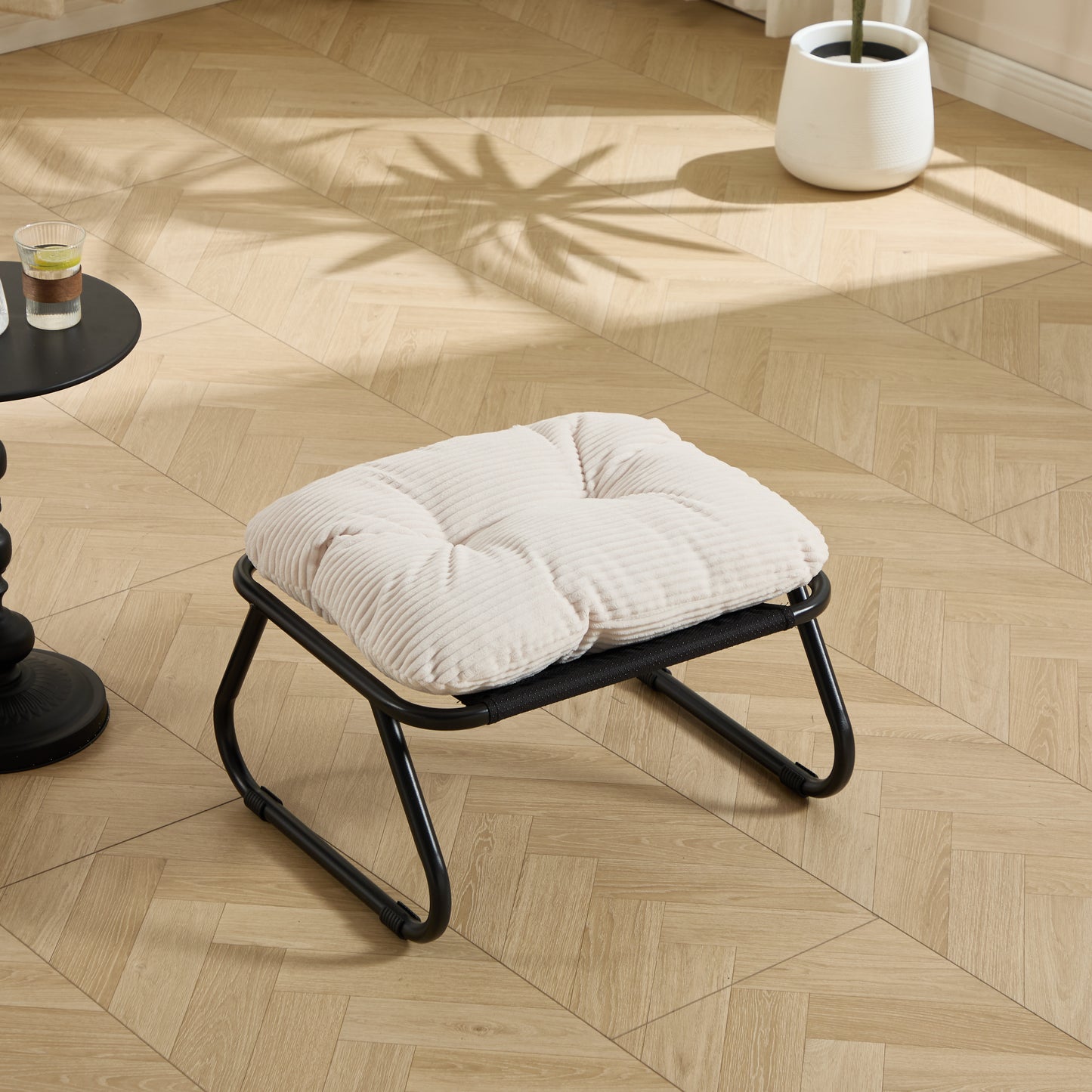 Patio Outdoor Lounge Chair with Ottoman, Comfy Sling Recliner Chair with Puffy Cushion and Foot Stool, Ideal for Living Room, Bedroom, Reading Room, Black frame with white cushion