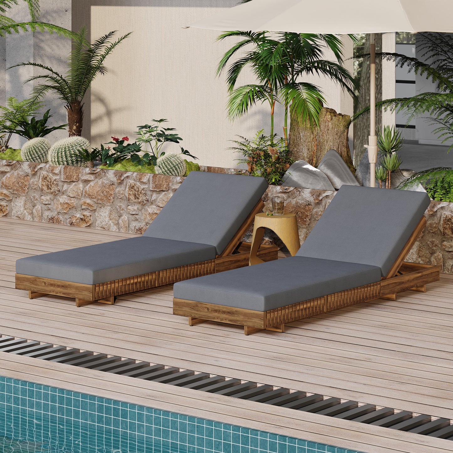 Lounge chaise Set, Acacia solid wood with  LOUNGE CUSHION (Dark Grey) - Matching Cream Version Available