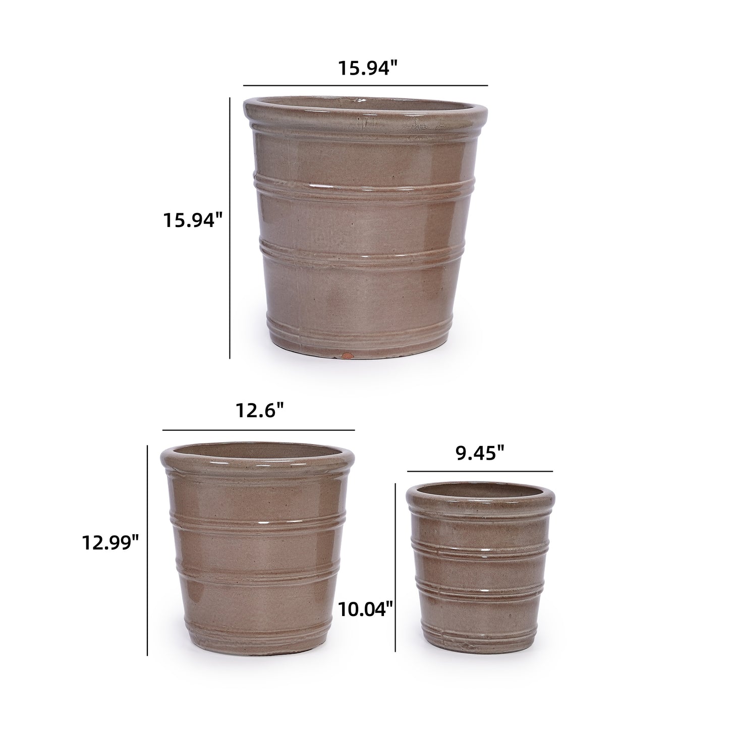 Handmade Ceramic Planter Set of 3, 16"/13"/10" Diameter, Taupe with Horizontal Rings, for Succulents & Herbs, Indoor/Outdoor Use on Windowsill & Shelf, Breathable Clay