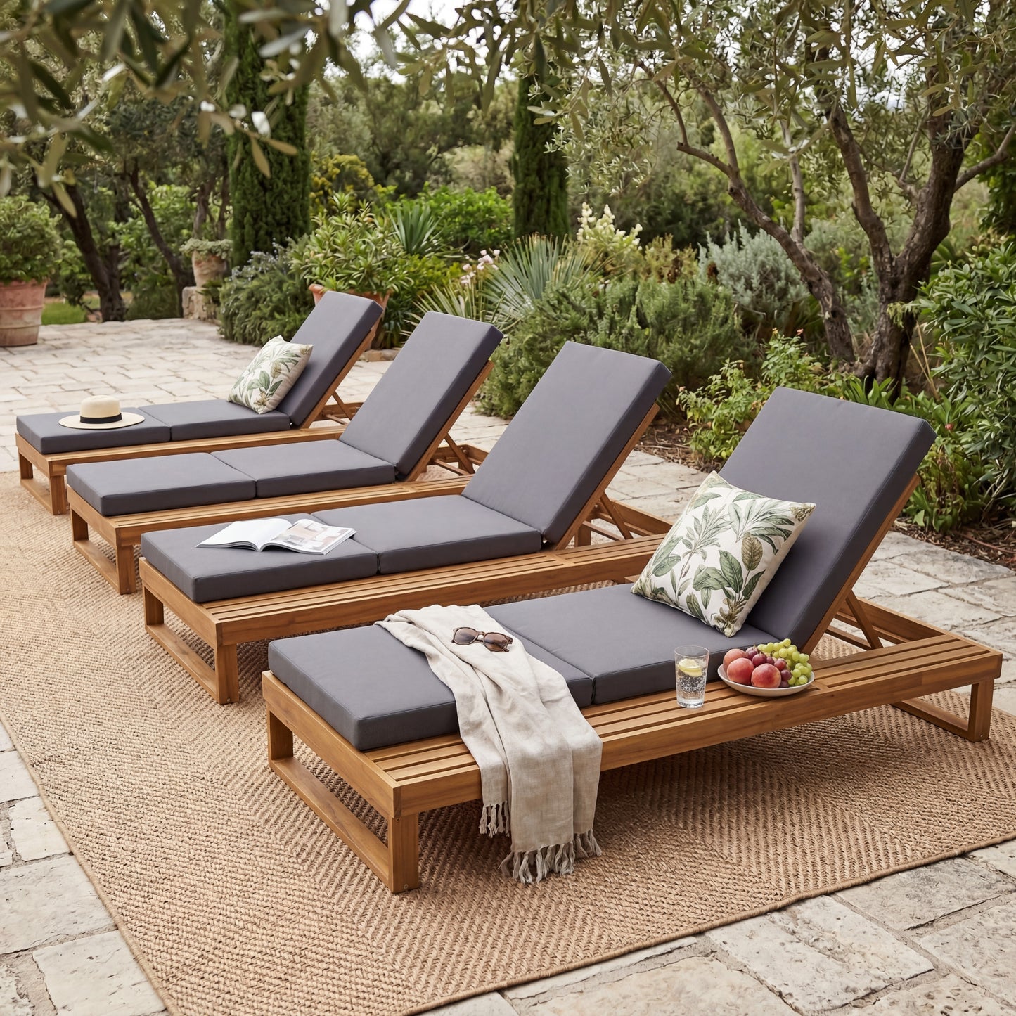 Teak Finish Acacia Wood Chaise Lounge with 4-Inch Dark Grey 3-Fold Water-Resistant Cushion Set, 4-Position Adjustable Outdoor Patio Lounger with Flat Side Surface- Matching cream version available