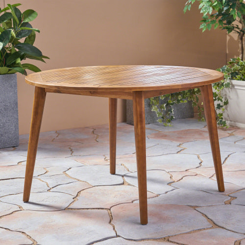 47.25" Round Acacia Wood Dining Table with Teak Finish, Modern Slatted Patio Table for Indoor & Outdoor Use