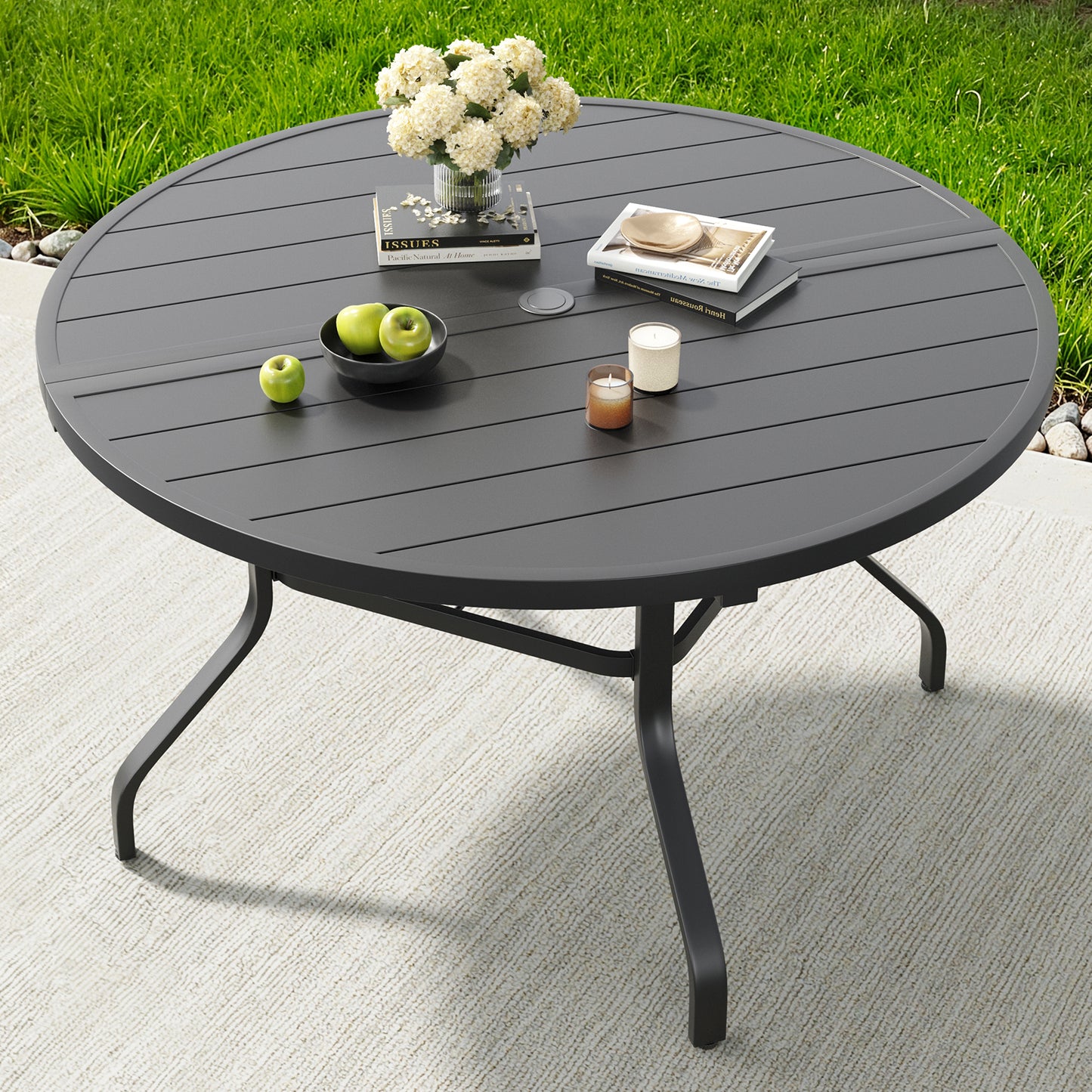 Round Outdoor Patio Dining Table, 47" Round Patio Table Wood-Like Grain with 1.57" Umbrella Hole, Metal Outdoor Dining Tables for Backyard and Poolside