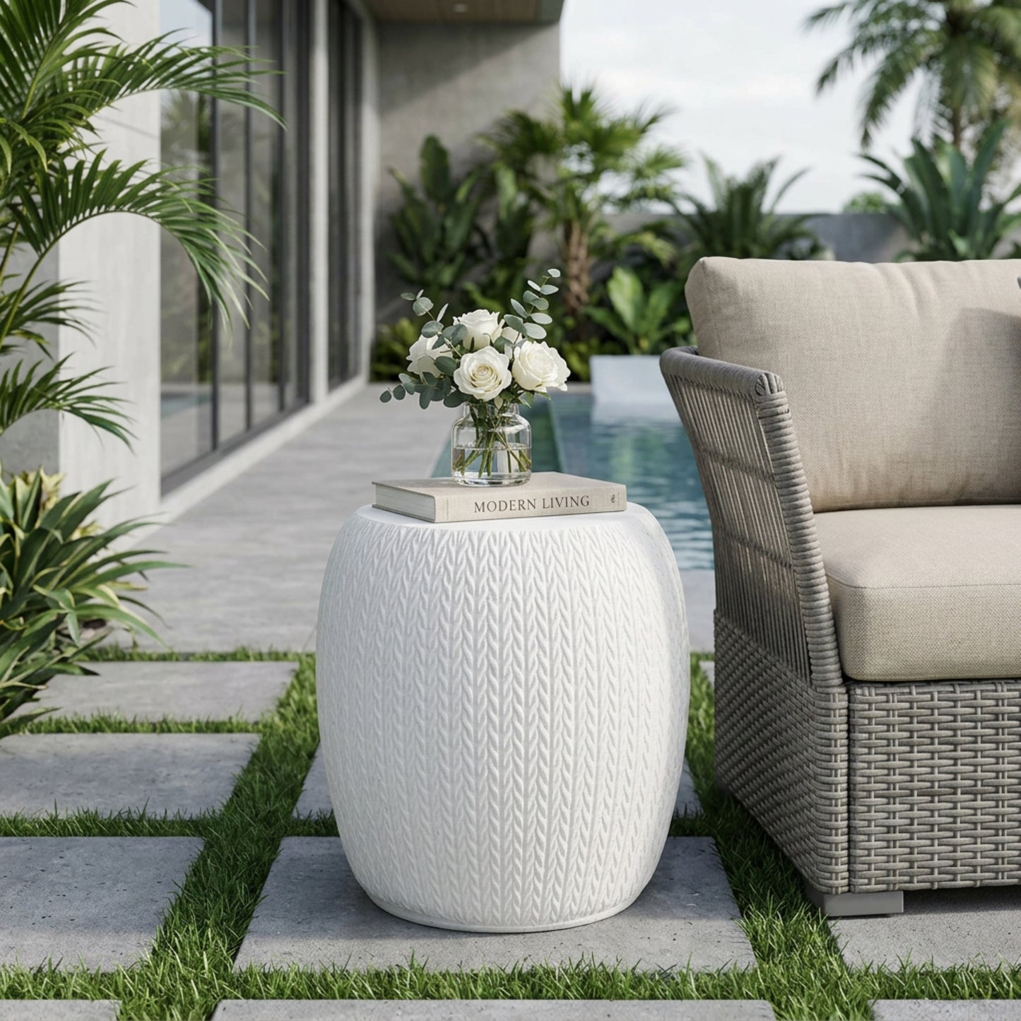 Outdoor LightWeight Concrete Side Table, Antique White End Table