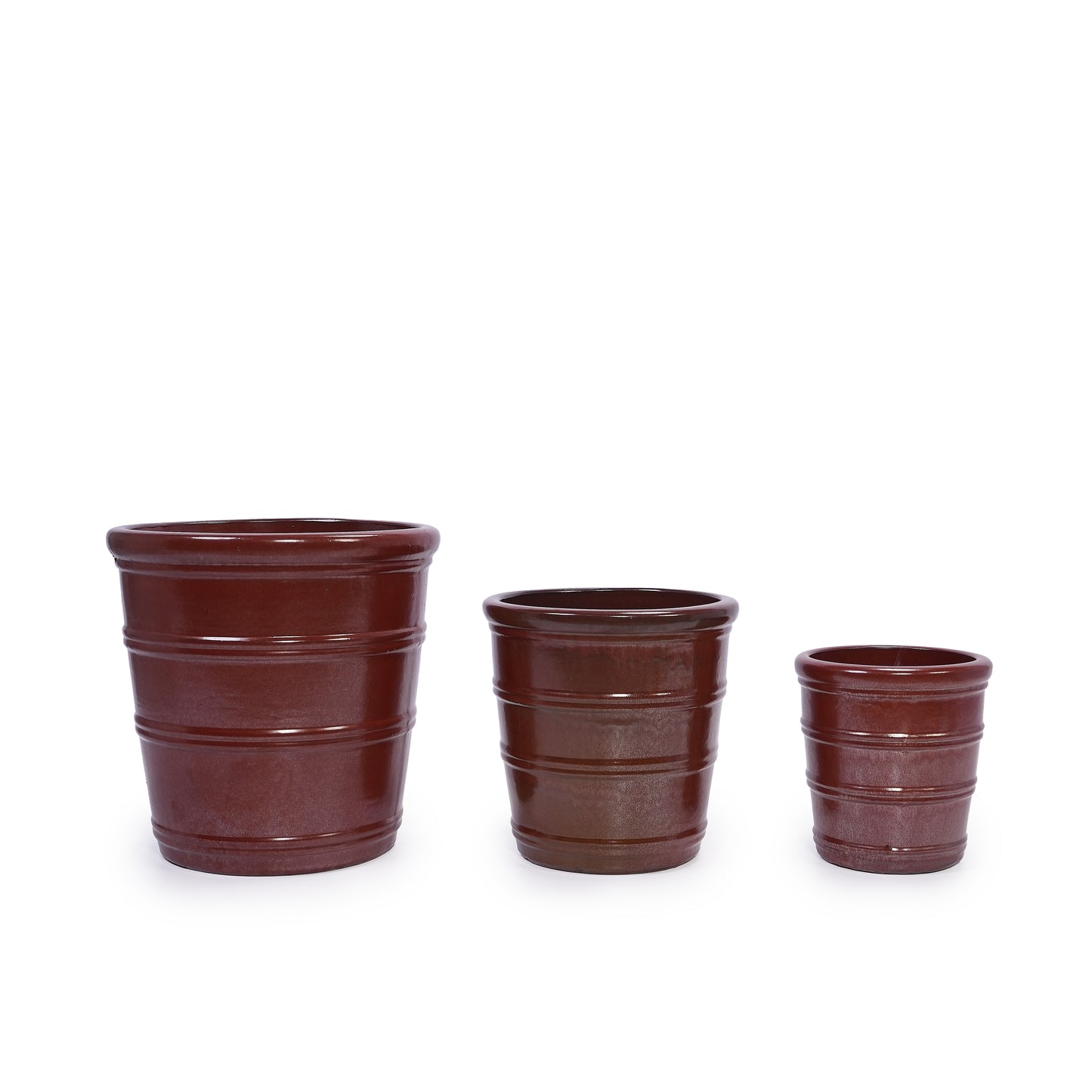 Handmade Glazed Ceramic Planter Set of 3, 16/13/10 Inch Diameter, Horizontal Rib Design, for Monstera and Fiddle Leaf Fig Outdoor Garden & Indoor Staircase Use, Breathable Clay, Deep Reddish-Brown