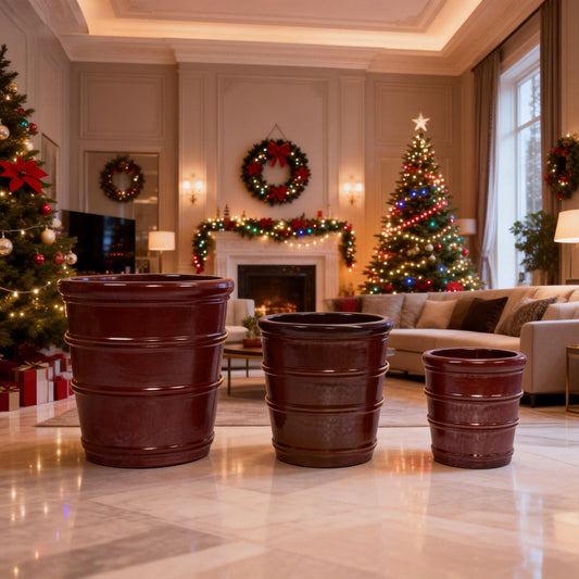Handmade Glazed Ceramic Planter Set of 3, 16/13/10 Inch Diameter, Horizontal Rib Design, for Monstera and Fiddle Leaf Fig Outdoor Garden & Indoor Staircase Use, Breathable Clay, Deep Reddish-Brown