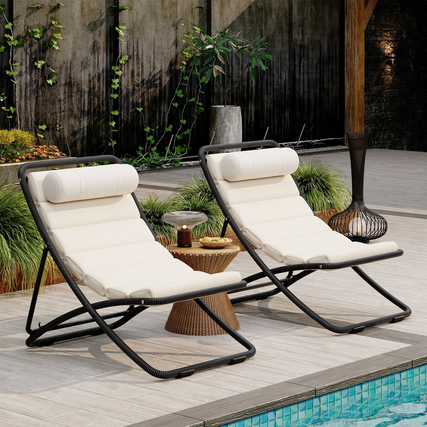 TREXM 2-Pieces Outdoor Folding Chair, Rattan-Wrapped Patio Chair with Adjustable Backrest, Thick Cushion, and Detachable Headrest ,for the Poolside, Beach, Backyard, Decck, and Camping (Black)