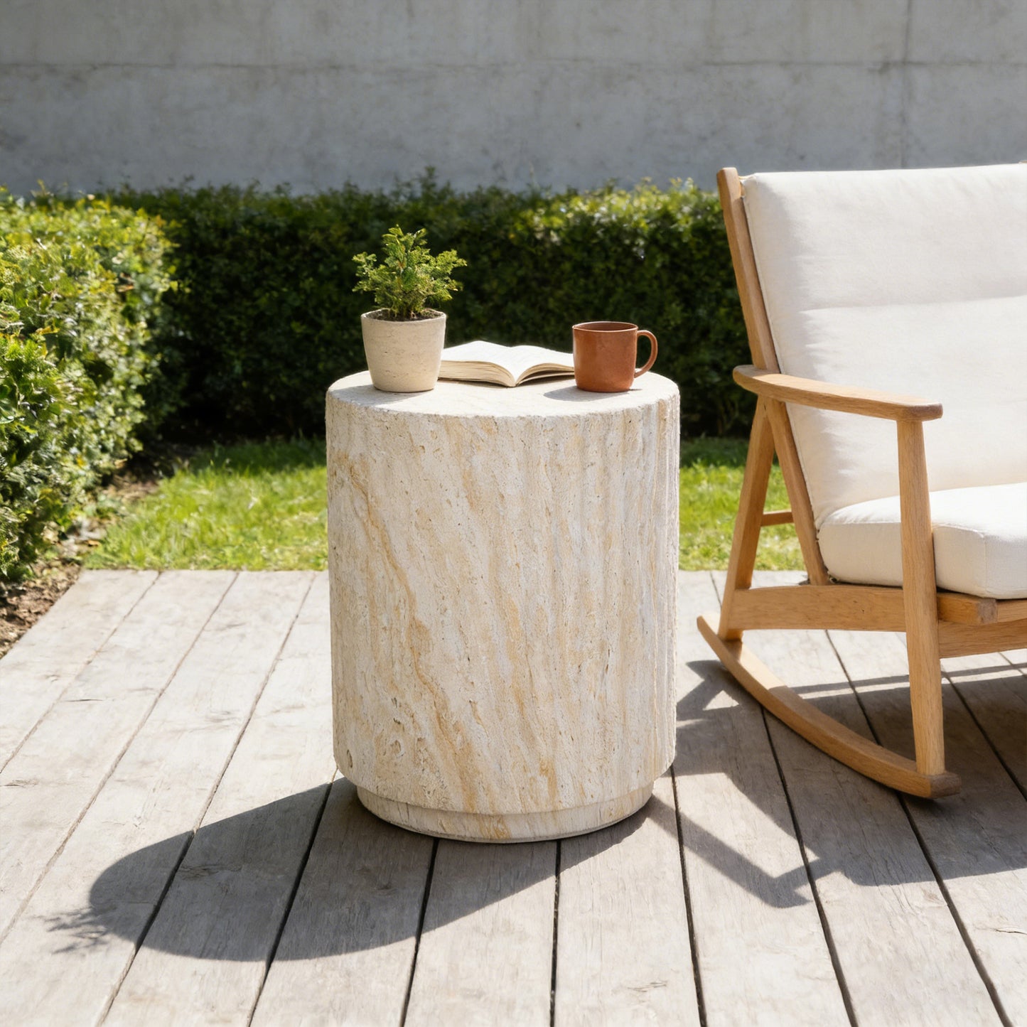 U_Style COSIEST Outdoor Side Table, Cylinder Shaped MgO Patio End Table, Lightweight Accent Table with Wave Design, Round Plant Stand Tool for Garden And Balcony