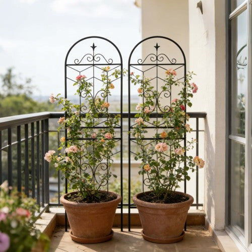 71 in. Black Iron Garden Trellis Outdoor Climbing Plant/Flower Support (2-Pack) Simple Arc Design