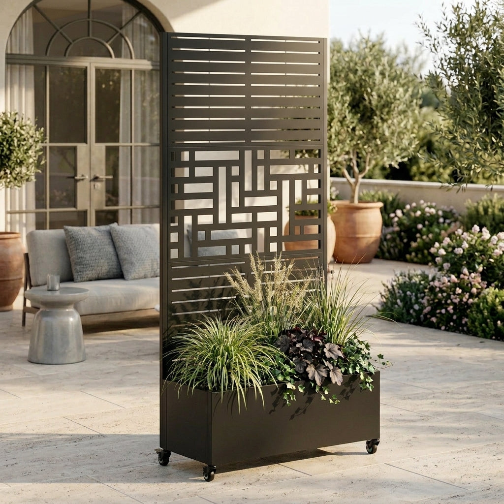 Metal Planter Box with Trellis, 73"x35"x16 Metal Raised Garden Bed with Trellis, Metal Planter Box with Drainage Holes & Lockable Wheels & Privacy Screen for Climbing Plants, Vegetables, Vines