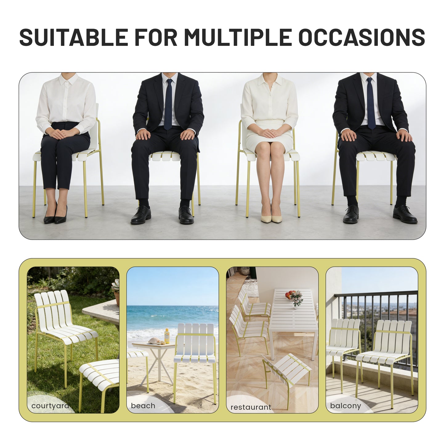 Summer - 4-Pack Modern Striped Color Block Chairs - Waterproof PP Seat & Sturdy Metal Legs, Indoor/Outdoor Dining Set for Patio, Balcony, Café (White & Yellow)