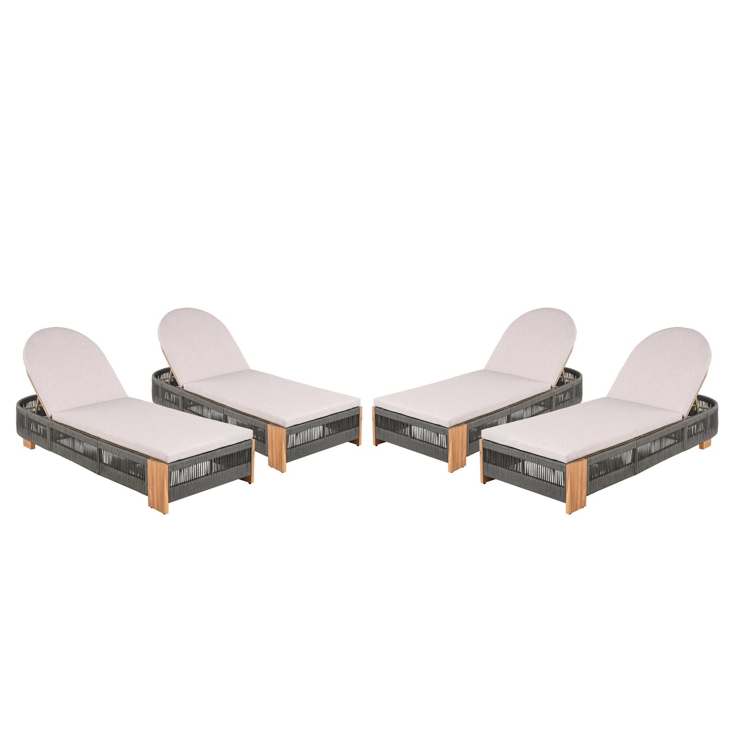 Outdoor Chaise Lounge Chair, Acacia wood Pool Chair with Adjustable Backrest and Cushion, Outdoor Lounge Chair for Beach, Yard, or Poolside (Grey rope)