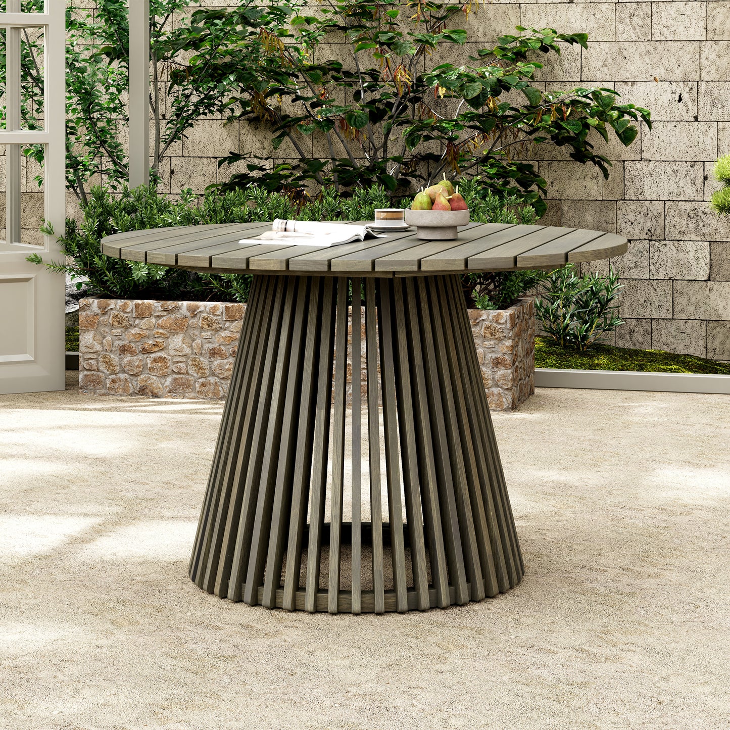 Outdoor Acacia Wood Patio Dining Table, 47.25-inch extra-large round dining table,for Backyard, Lawn, Balcony,Grey Finish