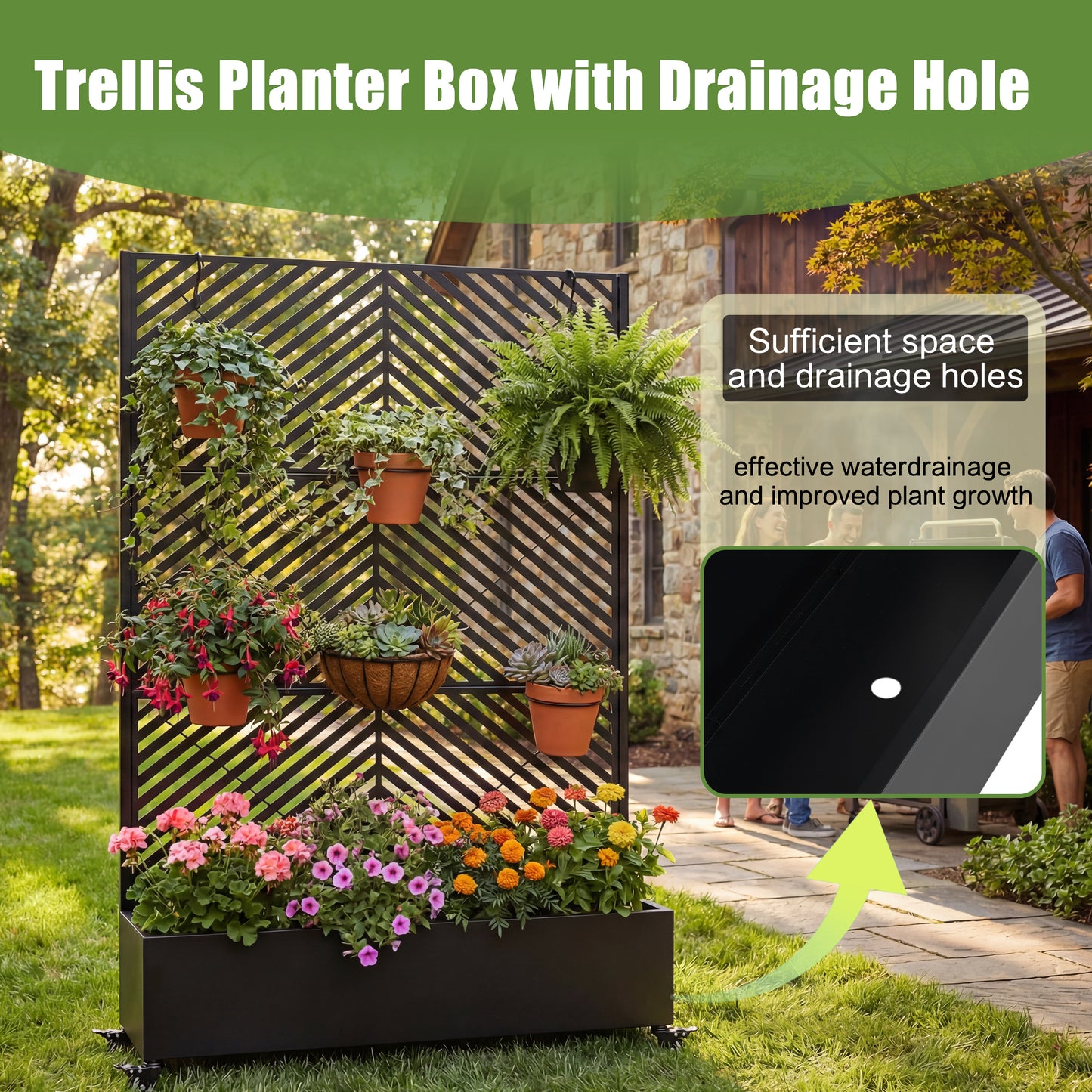 Metal Raised Garden Bed with Wheels and Trellis,73"x47"x16" Planter Box for Climbing Plants, Vegetables & Vines, Features Privacy Screen and Drainage Holes