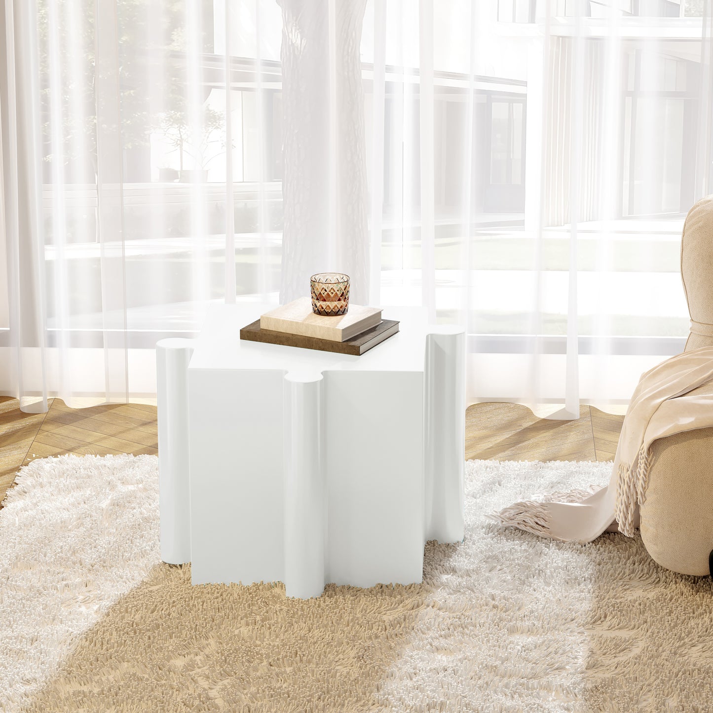 3-Piece Artistic Puzzle Table Set,Modular MGO Side Tables with Interlocking Design (2 Convex & 1 Concave), 200lb Capacity for Indoor & Outdoor,White Color