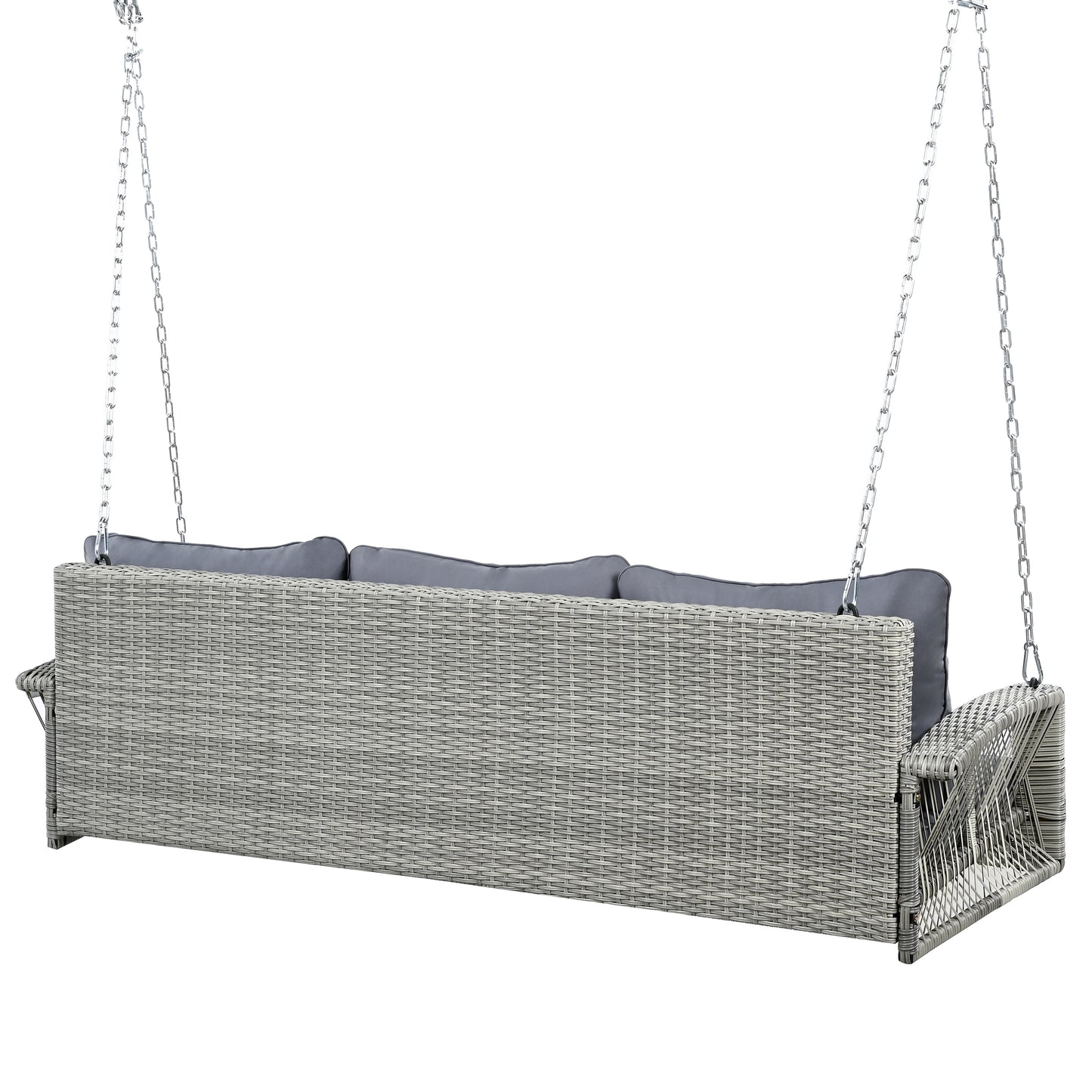 GO 69" PE Wicker 3-Person Porch Swing with Chains, Large Patio Swing Bench with Cushions for Backyard, Garden, and Poolside, Gray69"