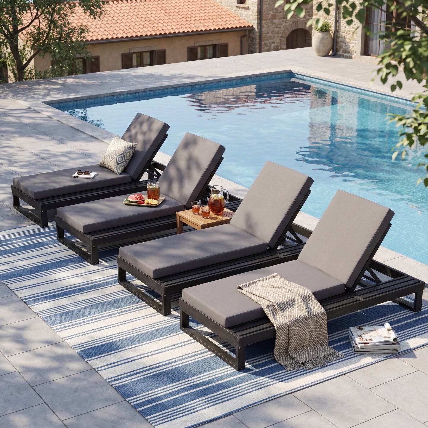 Black Acacia Wood Chaise Lounge with 4-Inch Dark Grey 2-Fold  Cushion Set, 4-Position Adjustable Outdoor Patio Lounger with Flat Side Surface, for Poolside- Matching cream version available
