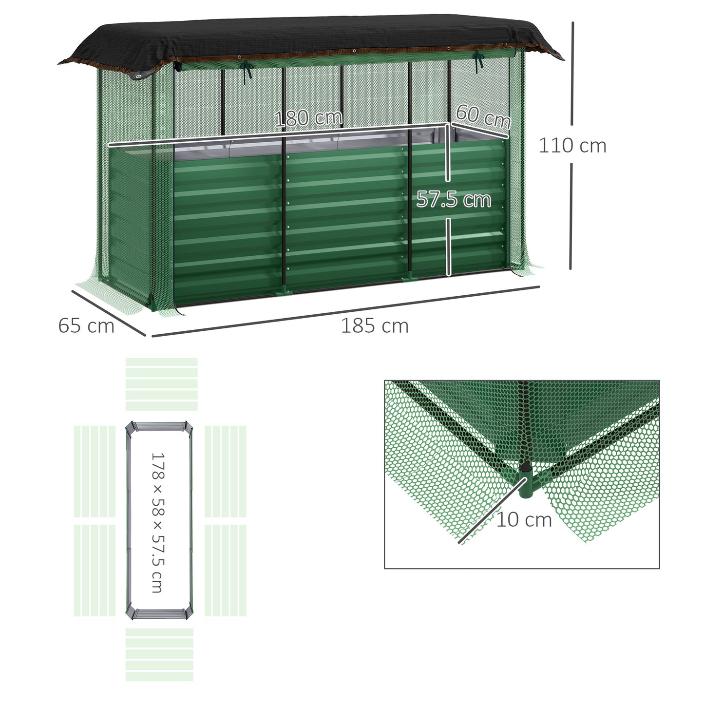 Outsunny Galvanized Raised Garden Bed, Planter Box with Crop Cage and Shade Cloth, Green