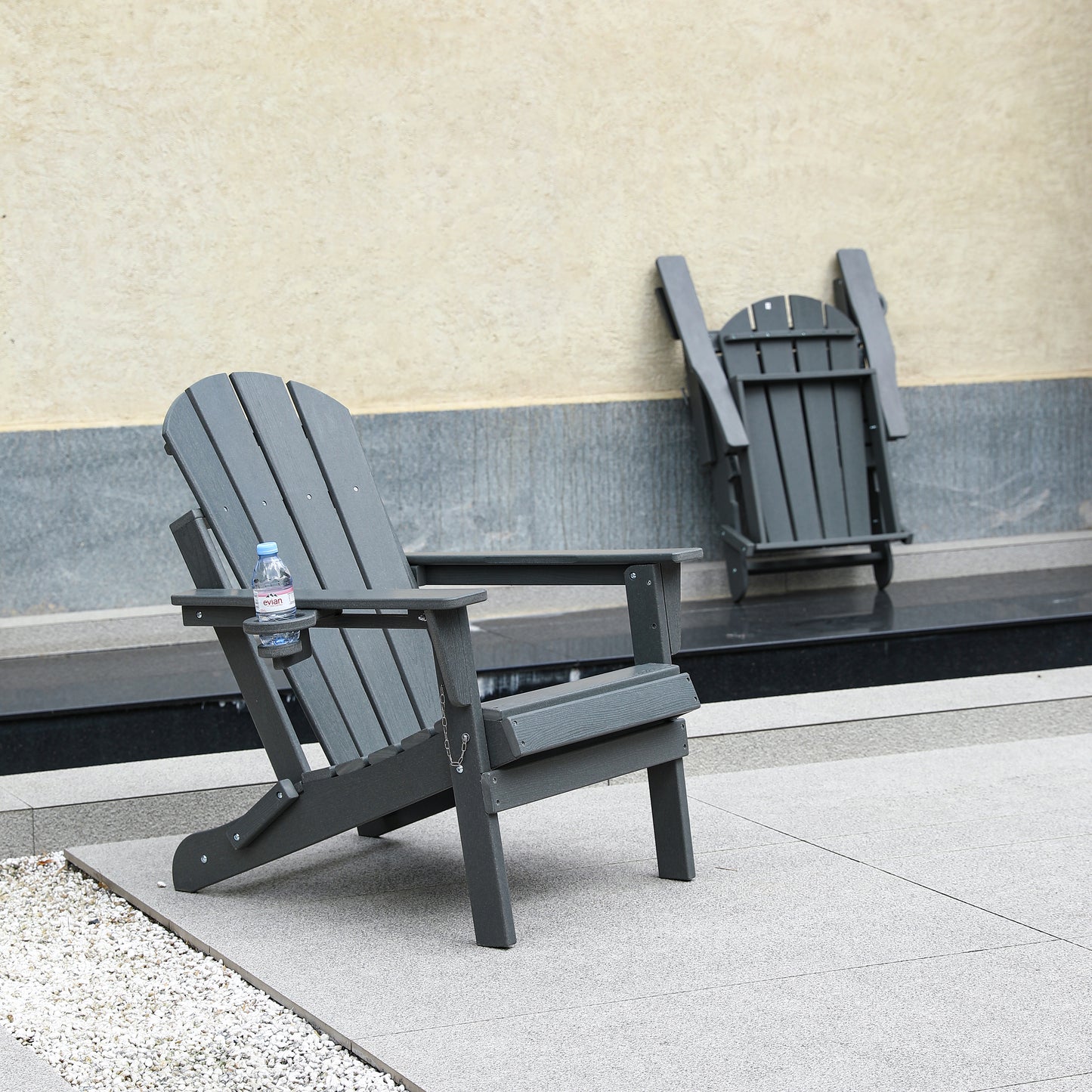 HDPE Folding Adirondack Chair with Dual Cup Holder - Composite Adirondack Chair with Wood Texture- ,Gray
