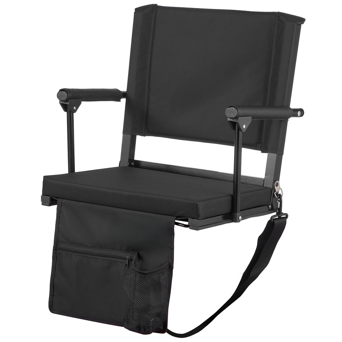Stadium Seat, Portable Bleacher Seat with Armrest, Back Support and Thick Cushion, Bench Chair for Bleacher Includes Shoulder Strap, Hooks, Cup Holder, Black Football Bleachers Seats, 2PCS