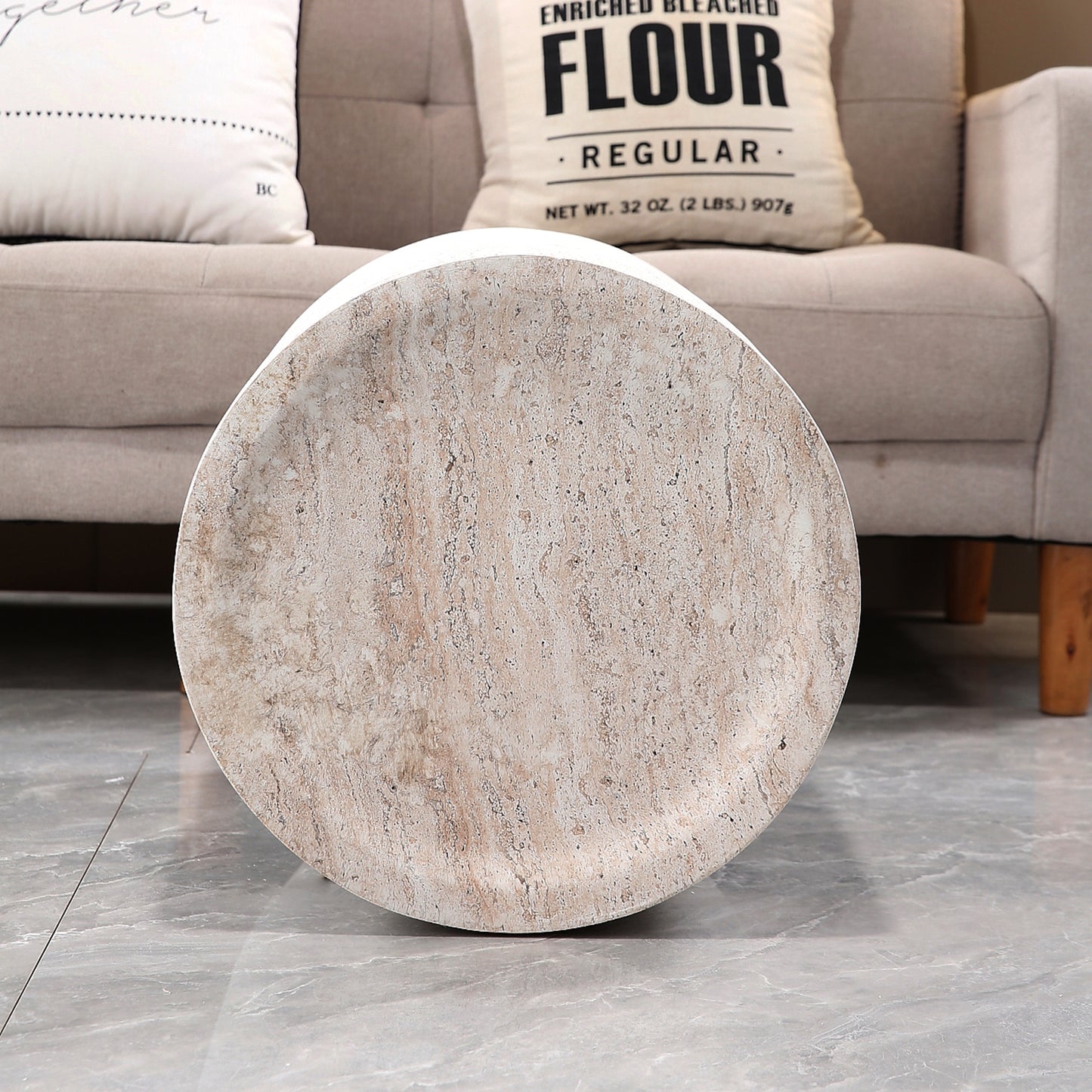 Light Travertine Finish Magnesium Oxide Drum Side Table   15.75" Diameter Round End Table