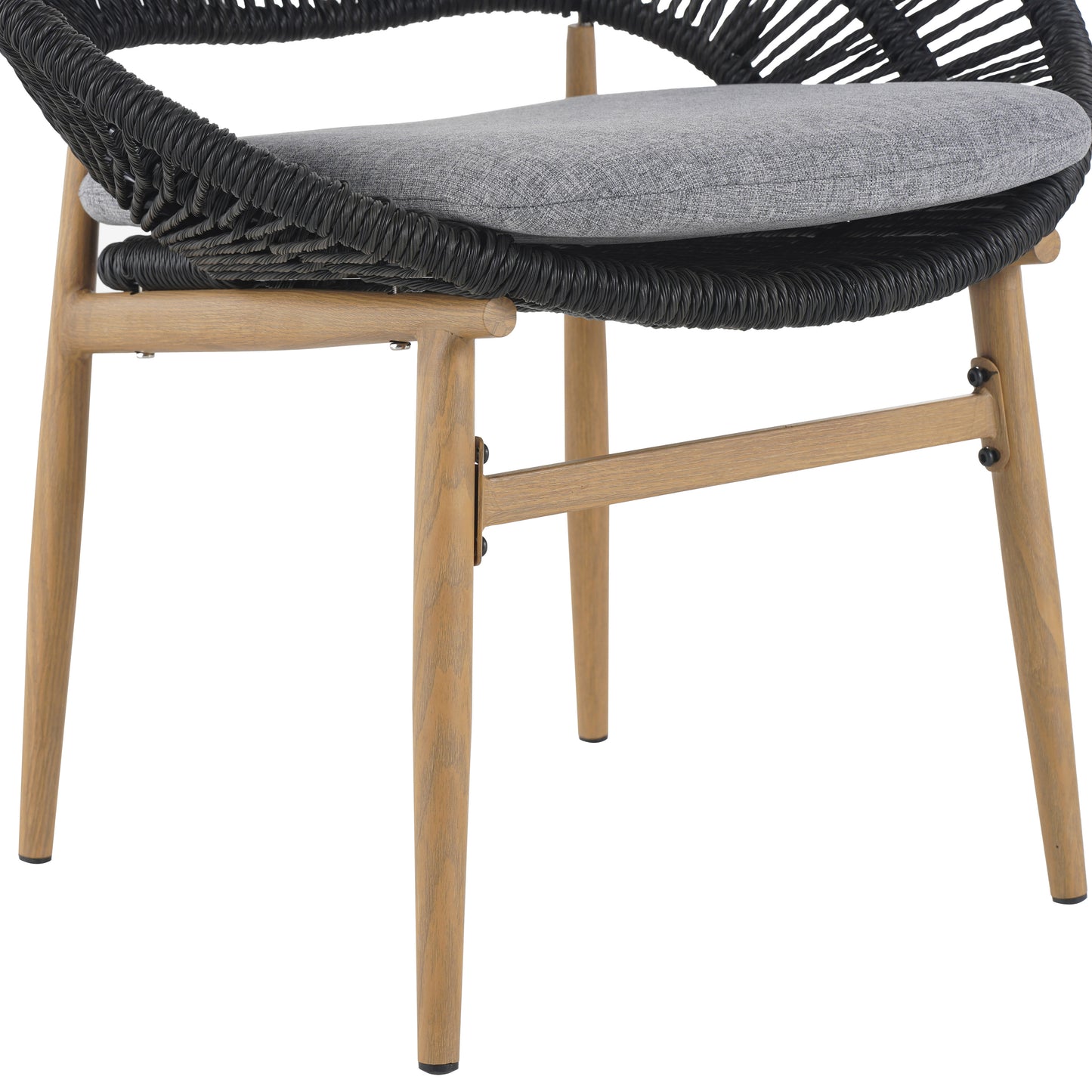 Cyril Outdoor Wicker Papasan Style Dining Chair, Teak Finished Leg and Dark Gray Faux Rattan, Gray Cushion, Set of 2