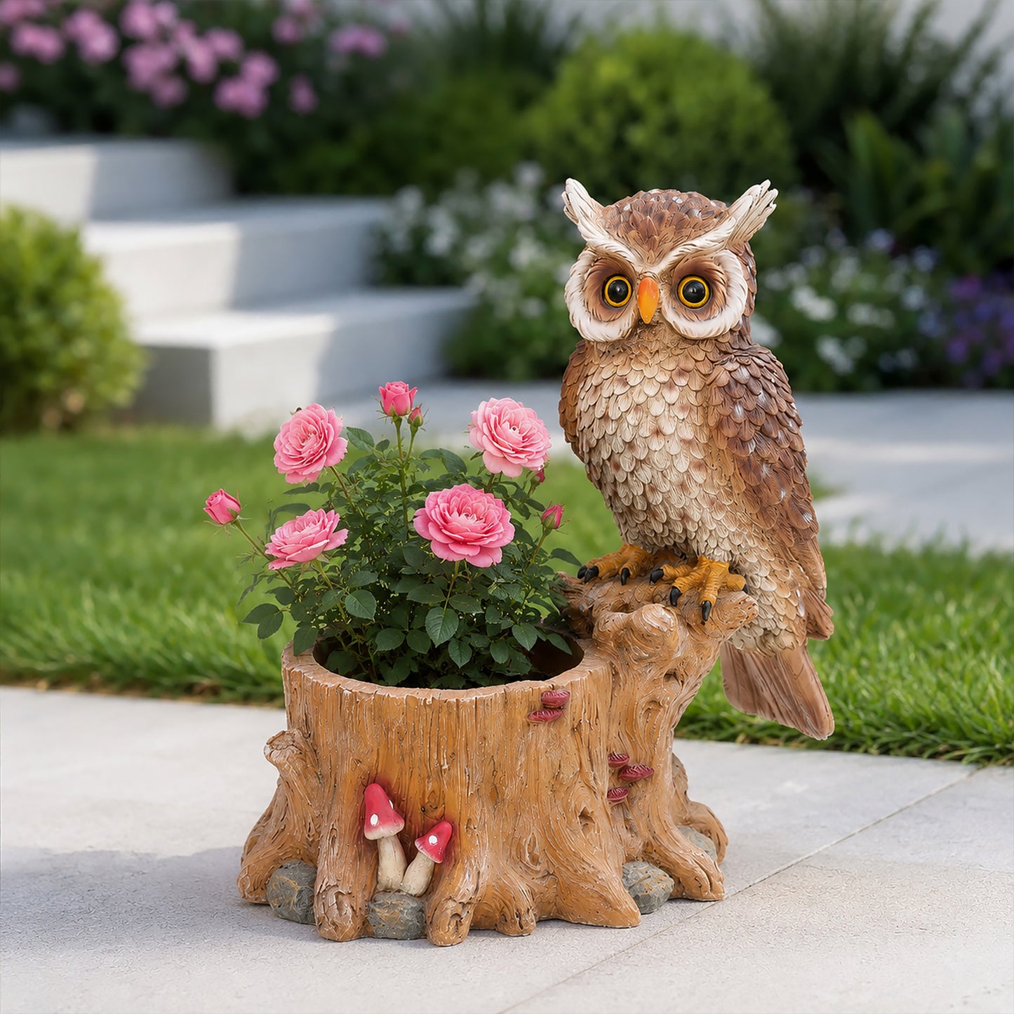 Decorative Owl Garden Planter Pot on Branch - Whimsical Polyresin Bird Figurine Flower Pot for Outdoor Porch & Yard Decor