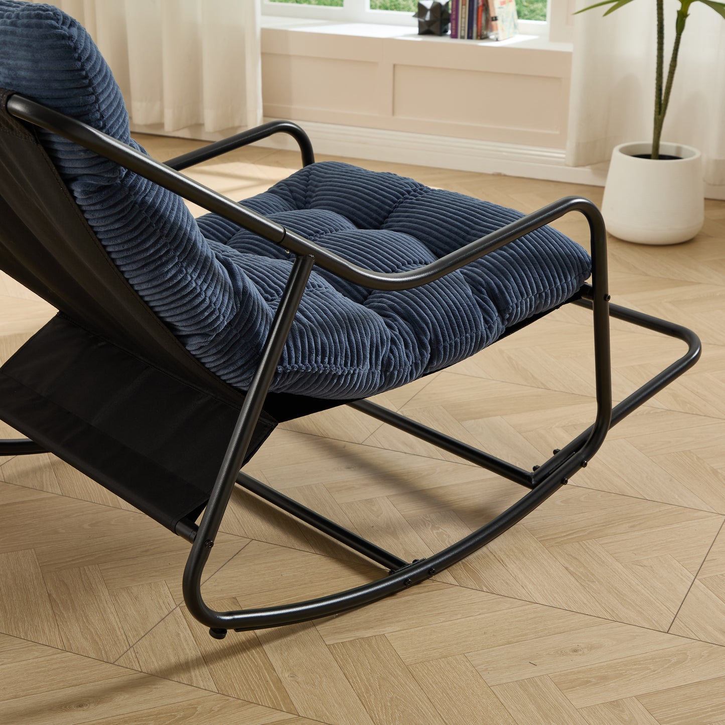 Outdoor Rocking Chair, Comfy Cushion, with Soft Thick Cushion,for Living Room, Bedroom, Reading Room, Black Frame with Navy blue Cushion