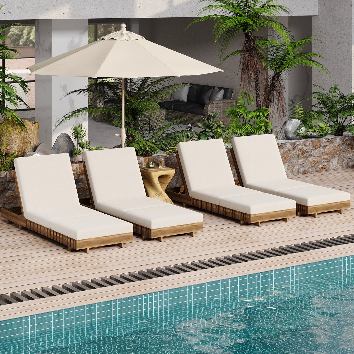 Lounge chaise Set, Acacia solid wood with  LOUNGE CUSHION (Cream+TRIPLE FOLDS) - Matching Dark Grey Version Available