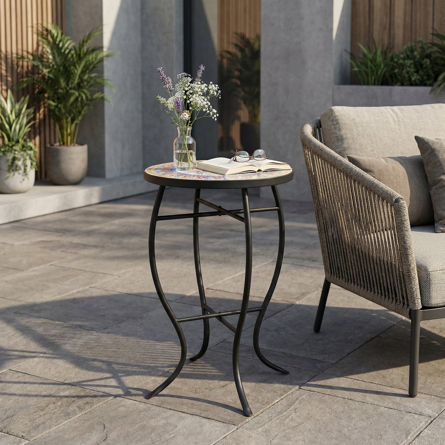 Outdoor Round Side Table with Mosaic-Style Top and Curved Iron Legs, Red and Matte Black