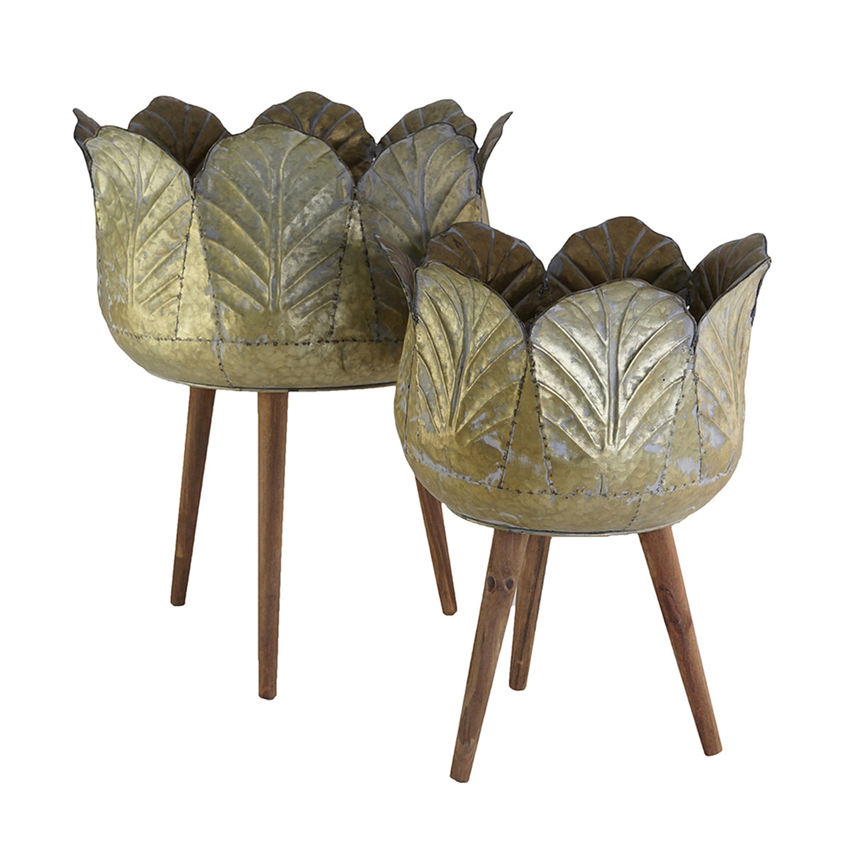 Set of 2 Metal Planter With Wood Legs Stand, L:D18.5x23.5" S:D15.7x20"