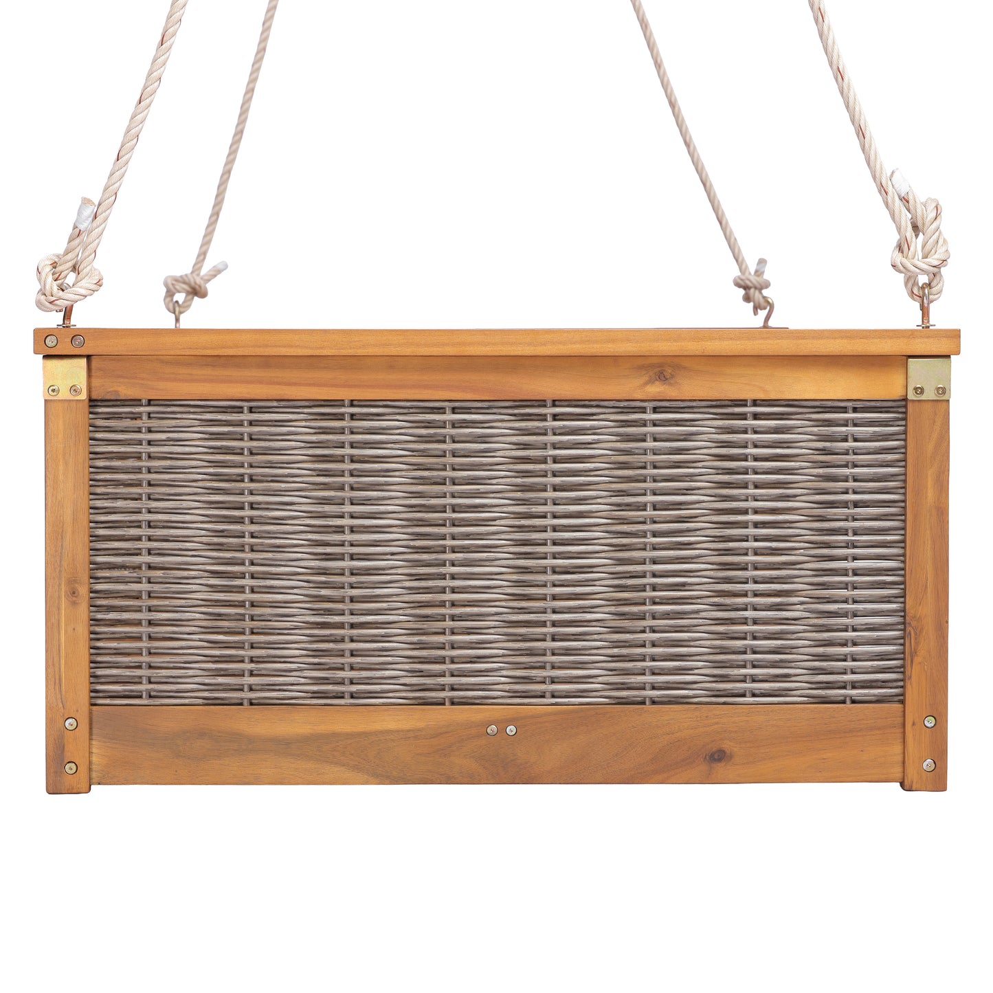 TOPMAX Outdoor Classic Solid Wood Twin Size Swing Bed,Garden Porch Rattan Swing Frame with Long Ropes for Poolside, Backyard,TEAK