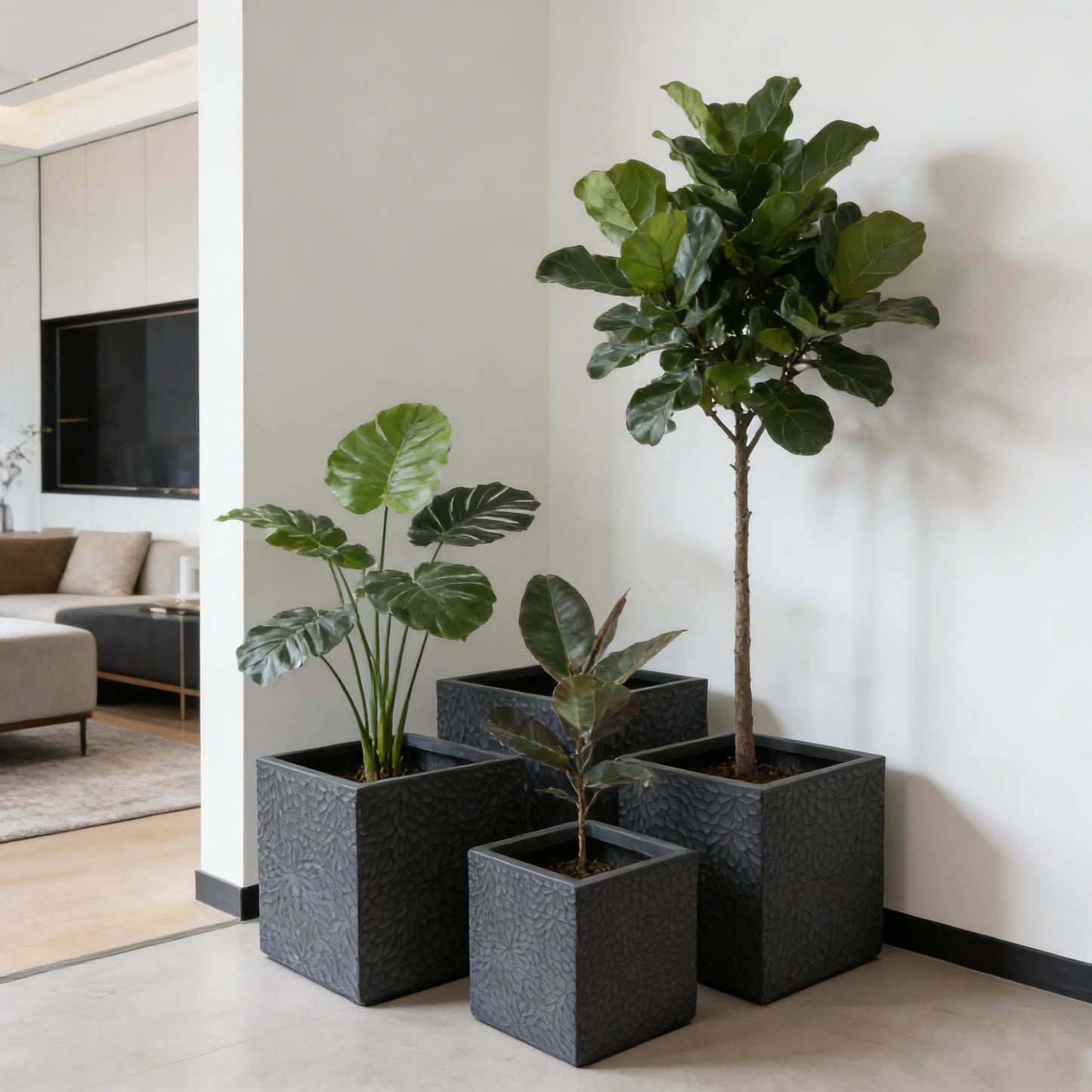 Large Outdoor Indoor Planter, 16.9"+14.37"+11.6" +9.25''Dia Square Magnesium Oxide Planter Set of 4, Flower Pots with Drainage Holes,  Modern Design, Grey Color Planter for Home Garden Patio