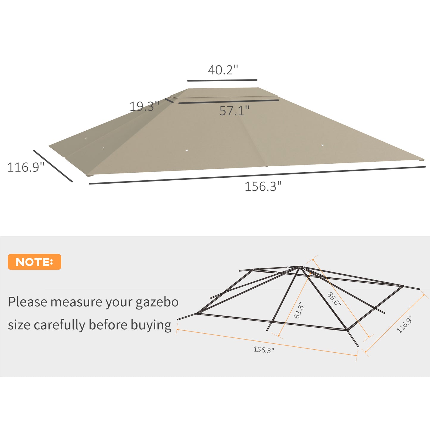Outsunny 10' x 13' Gazebo Canopy Replacement, Outdoor Gazebo Cover Top Roof Replacement with Vents and Drain Holes, (TOP COVER ONLY), Khaki