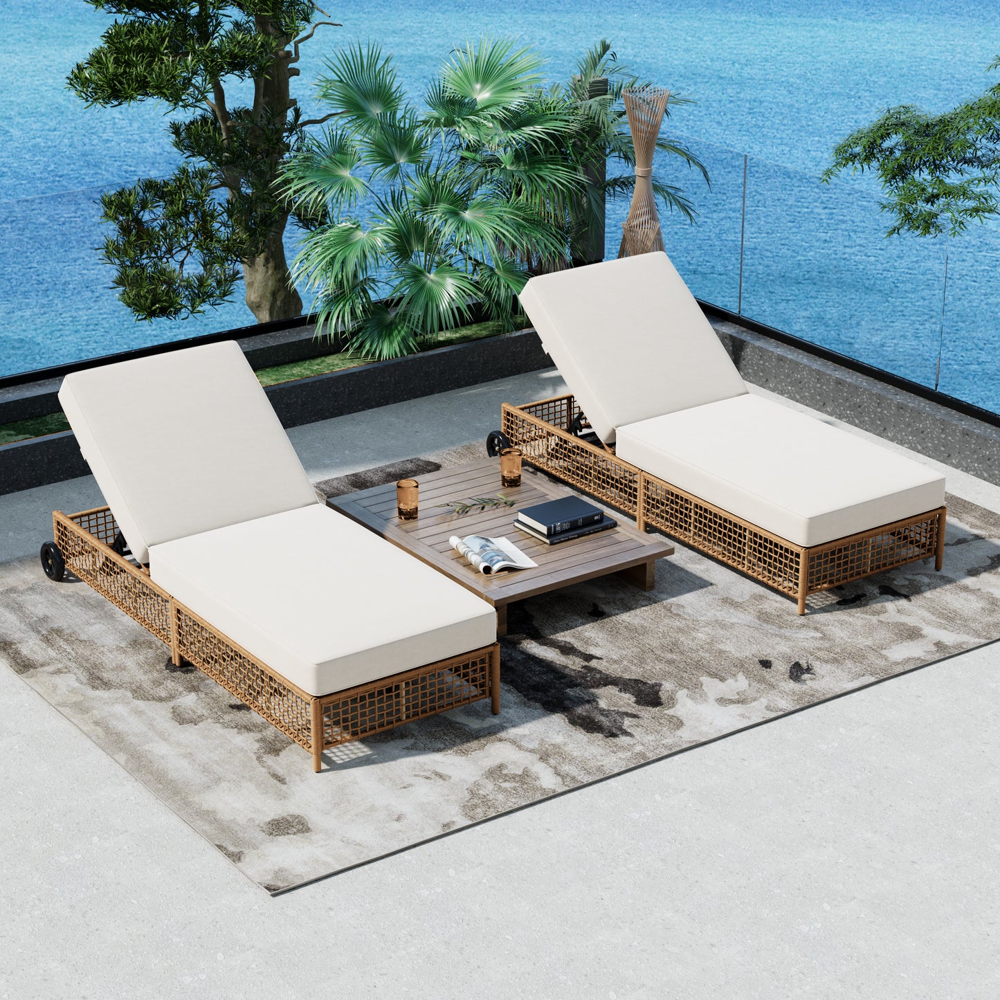 TREXM Outdoor Lounge Chair Set of 2, Patio Chaise Lounge with 5-Position Backrest, Rattan Outdoor Lounge Chair with Cushion and Wheels for Poolside, Backyard, Garden (Natural+Beige)