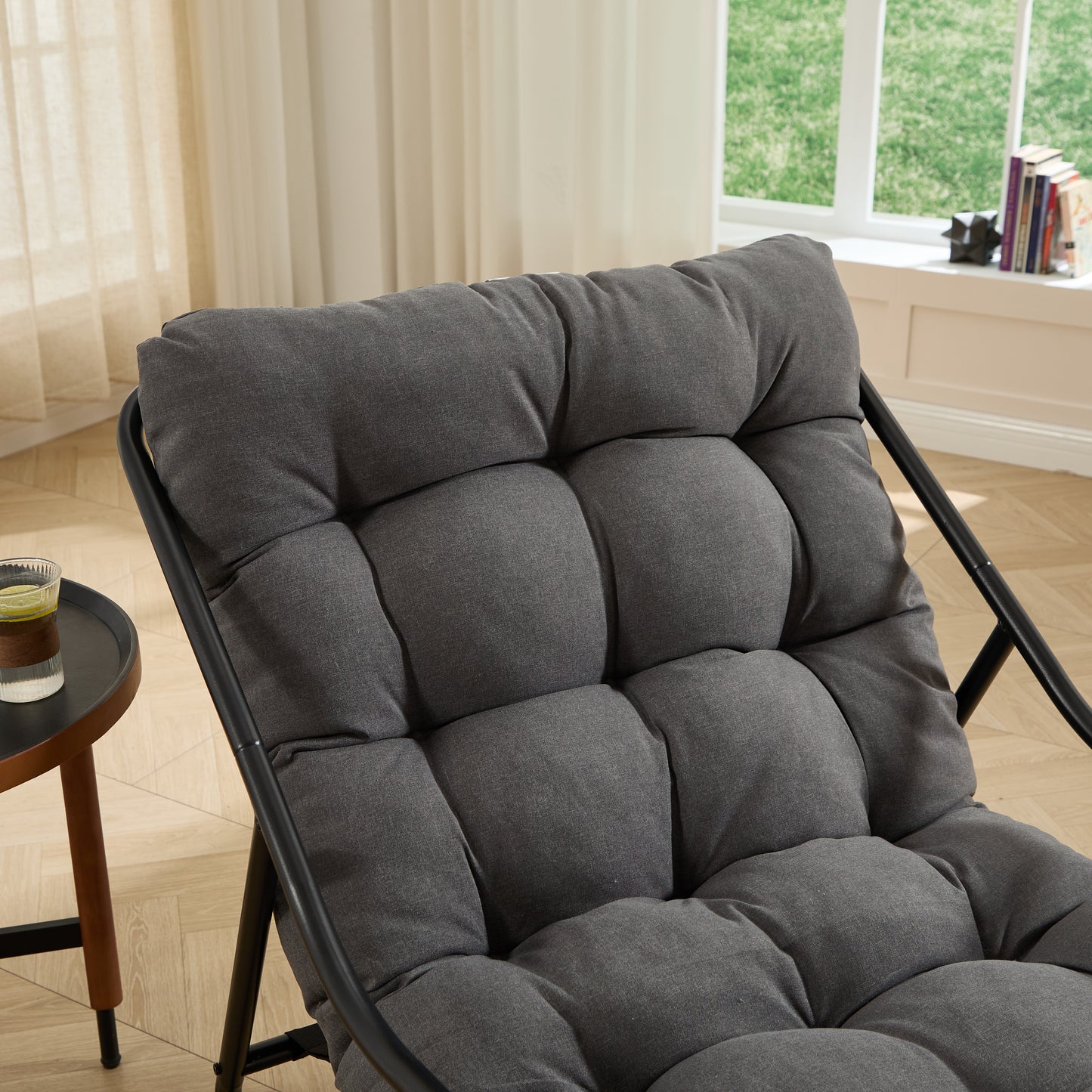 Outdoor Rocking Chair, Comfy Cushion, with Soft Thick Cushion,for Living Room, Bedroom, Reading Room, Black Frame with Grey Cushion