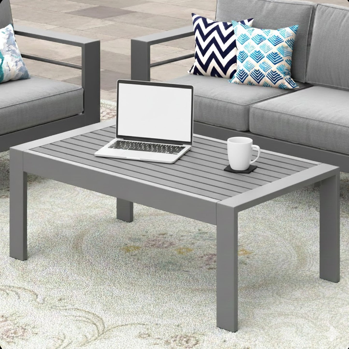 43" x 24" All-Weather Metal Outdoor Coffee Table with Wood-Look Top and Gray Frame