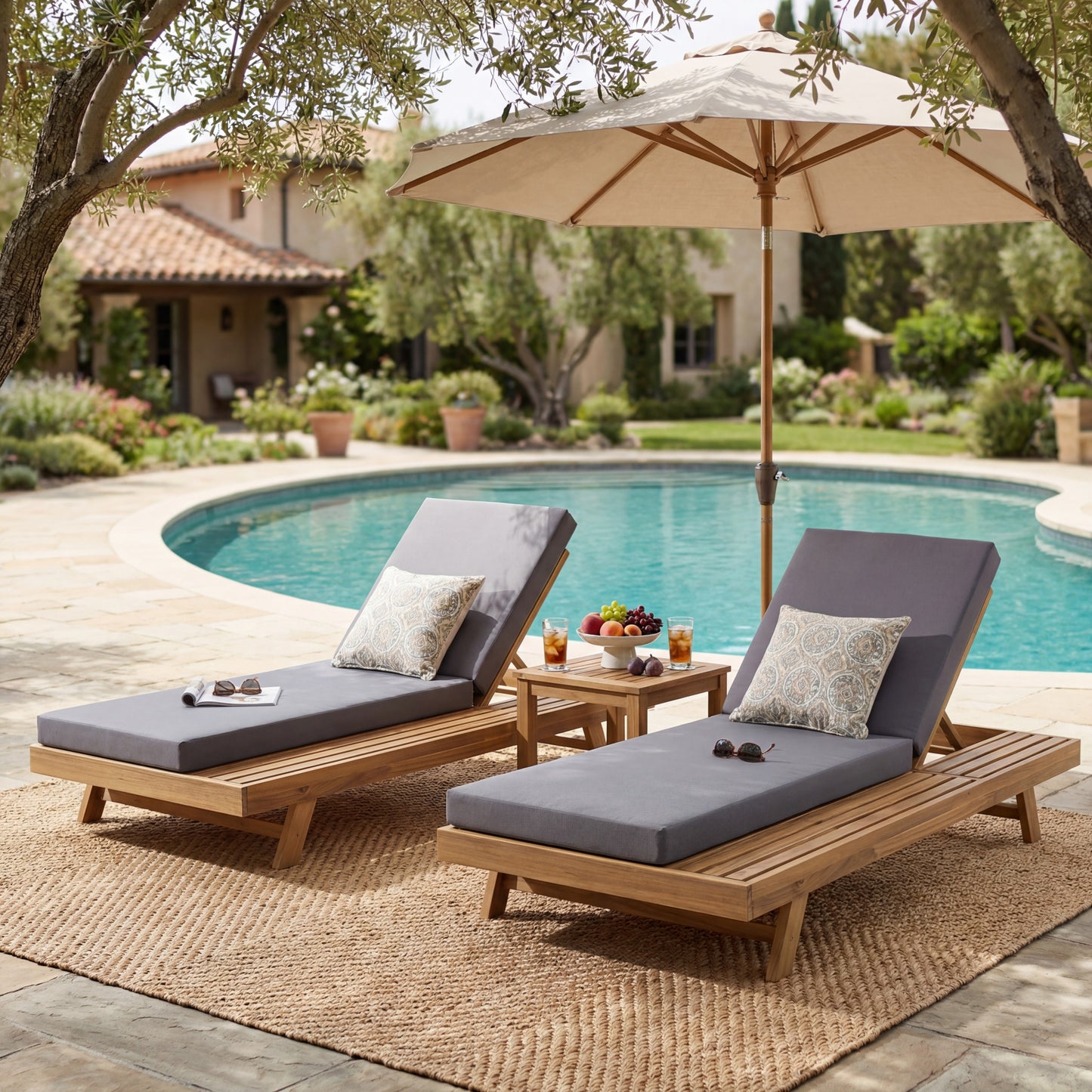 Lounge Chaise Set, Space Available On One Side, Acacia Wood In light brown With Water-Resistant Lounge Cushions (Dark Grey & 4 Inch Thick) – Matching Cream Version Available
