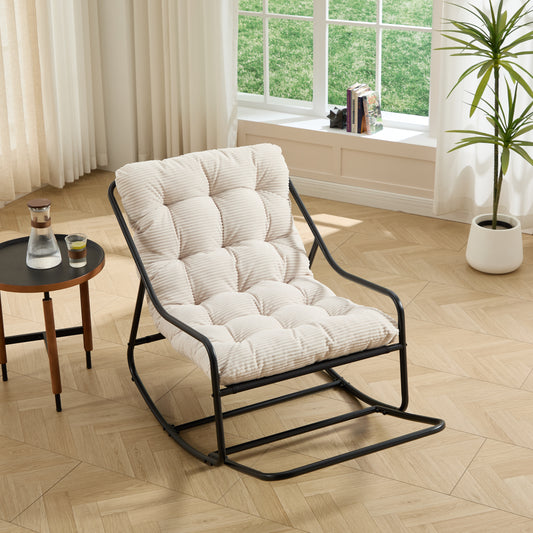Outdoor Rocking Chair, Comfy Cushion, with Soft Thick Cushion,for Living Room, Bedroom, Reading Room, Black Frame with White Cushion