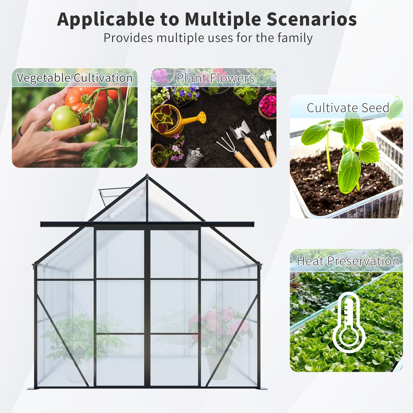 8X6FT-Black Double Door Polycarbonate Greenhouse Raised Base and Anchor Aluminum Heavy Duty Walk-in Greenhouses for Outdoor Backyard in All Season