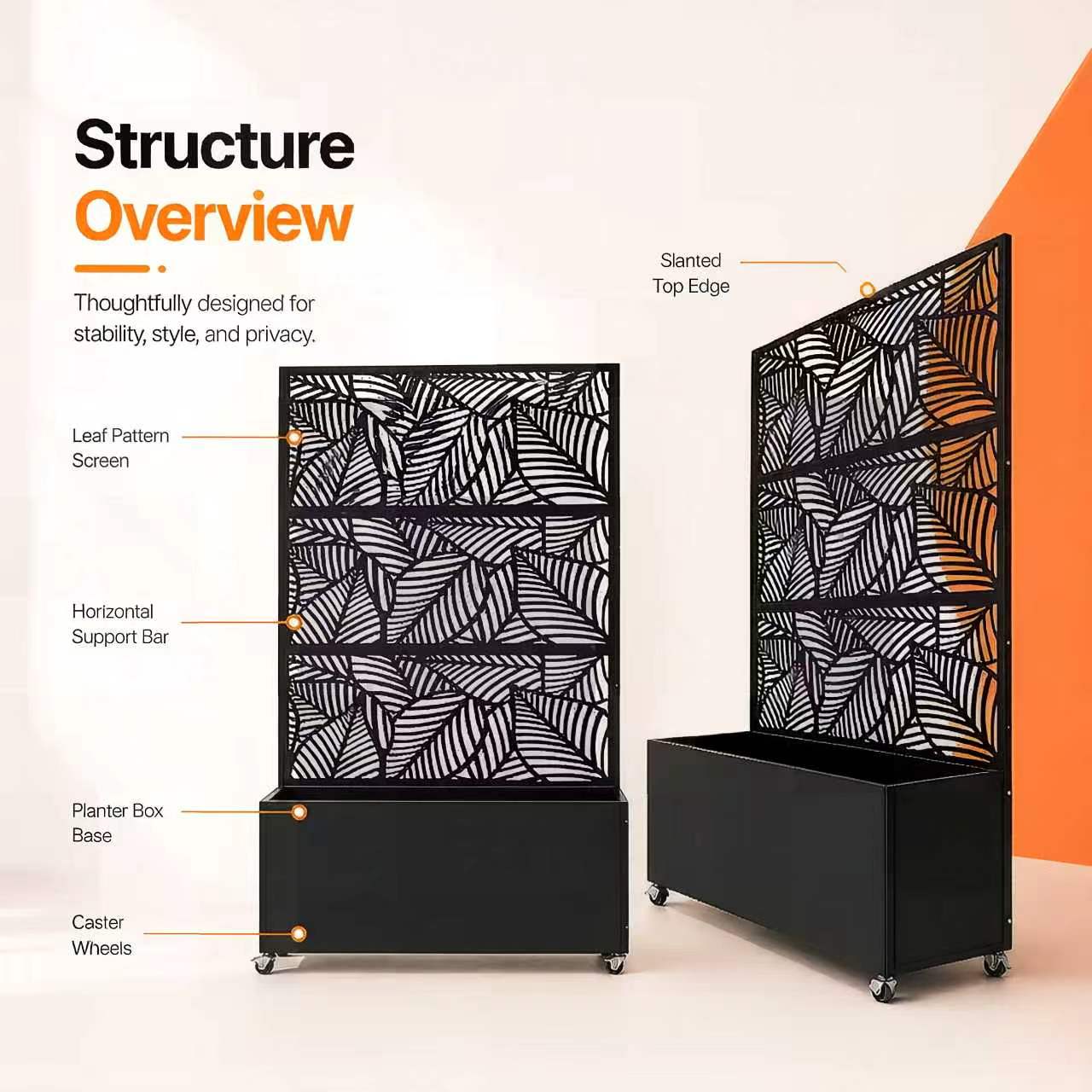 70.87" H × 46.06" W Leaf Pattern Privacy Screen with Planter Box, Black Metal Freestanding Decorative Fence Planter for Patio Balcony Backyard