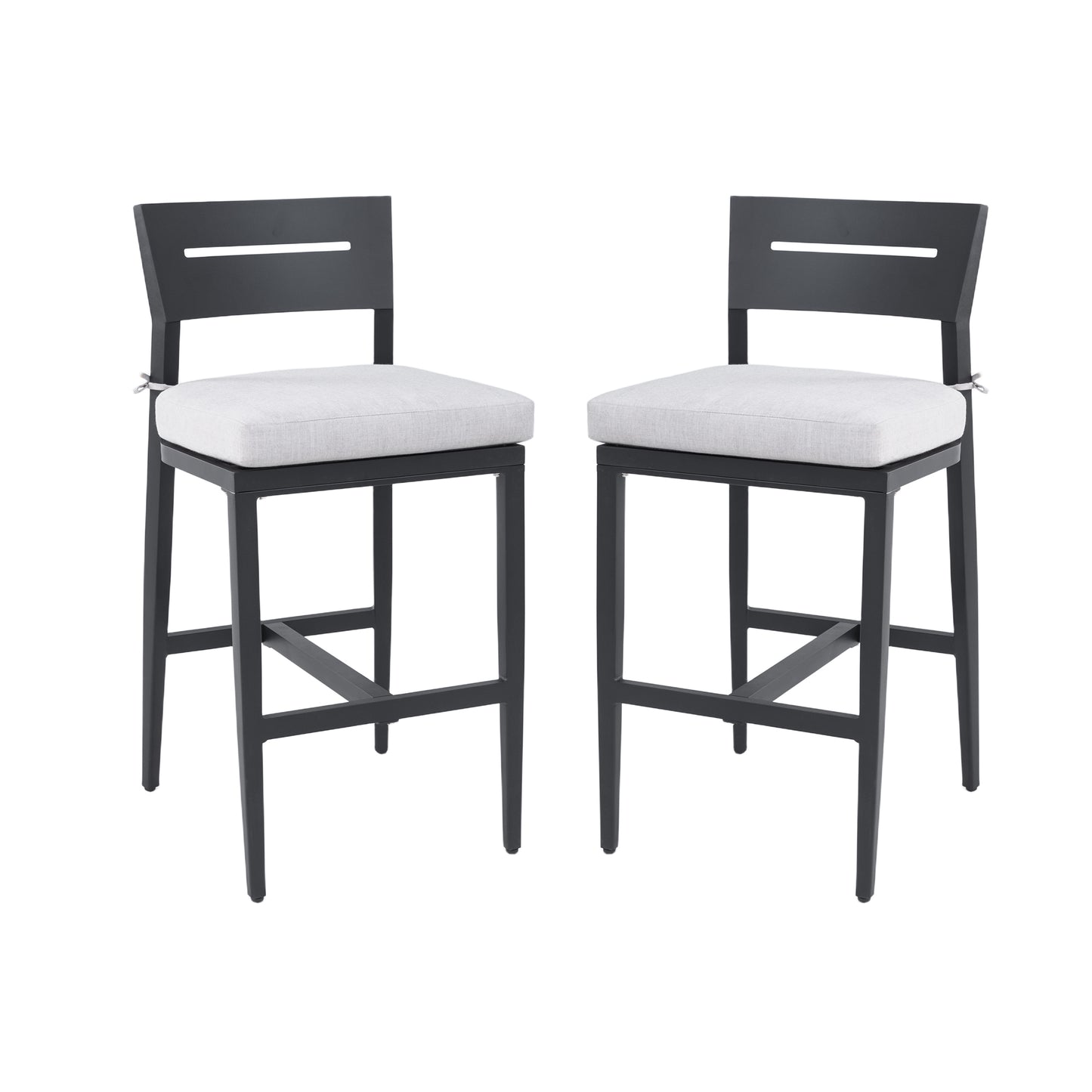 Modern Outdoor 2PC Bar Stools, Aluminum Patio Bar Chair with Ergonomic Backrest, Tapered Legs, Footrest, Ember Black, Sunbrella Cushion, Weather-Resistant, for Garden, Poolside, and Kitchen Island