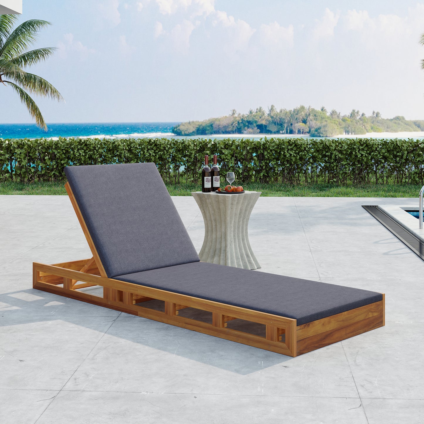 LOUNGE CHAISE SET,ACACIA WOOD WITH WATER-RESISTANT LOUNGE CUSHIONS (Dark Grey/ & 2 INCH THICK) - MATCHING CREAM/LEAF COCONUT VERSION AVAILABLE