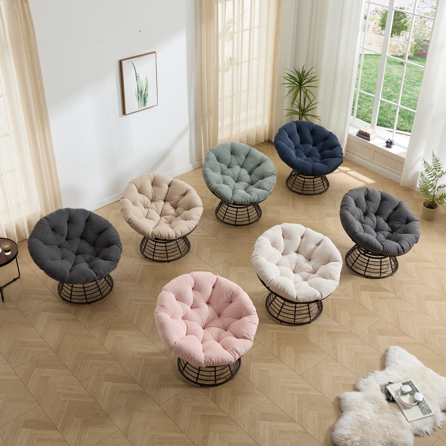 Comfortable Ergonomic Wicker Papasan Chair, 360° Swivel Indoor Outdoor Rattan Chair with Soft Thick Cushion, Ideal for Living Room, Bedroom, Reading Room, Brown Frame with Beige Cushion