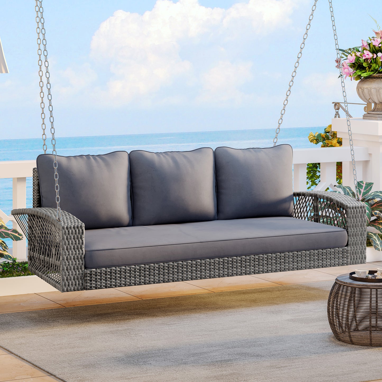 GO 69" PE Wicker 3-Person Porch Swing with Chains, Large Patio Swing Bench with Cushions for Backyard, Garden, and Poolside, Gray69"